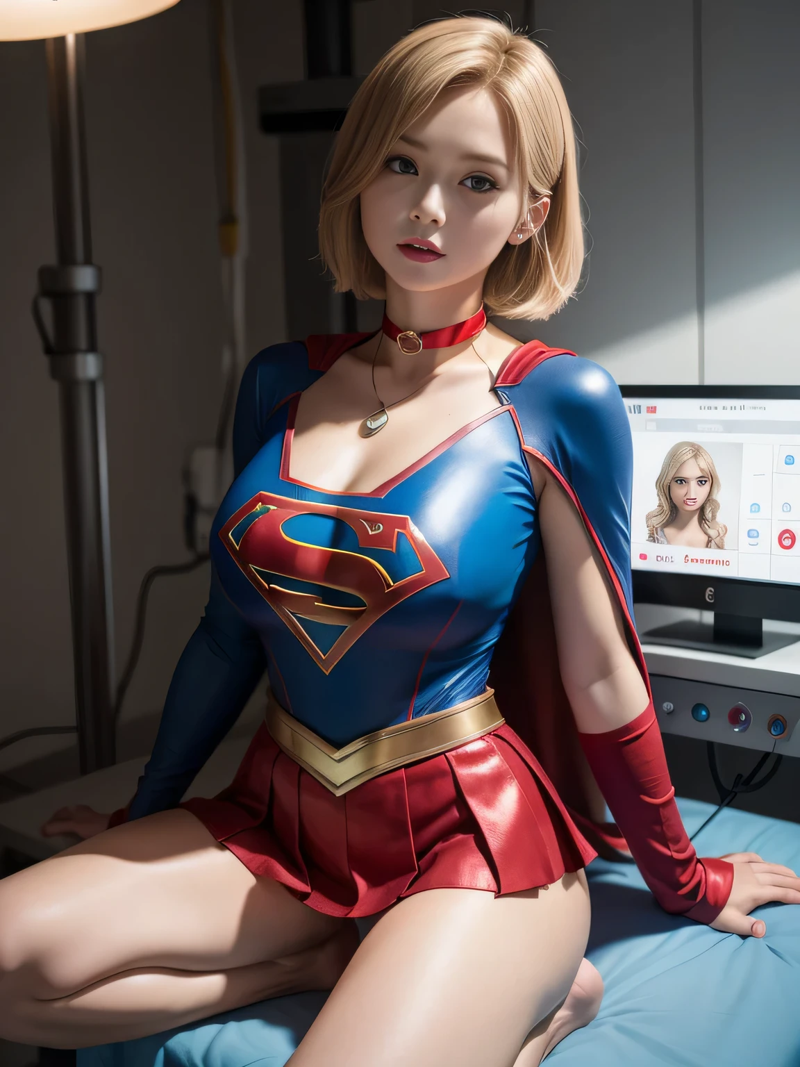 master piece,Supergirl costumes, short hair, barefoot, big and full breasts,operating room、operating table、straddle、corrupted、shiny、look at the camera、choker、long sleeve、red mini skirt