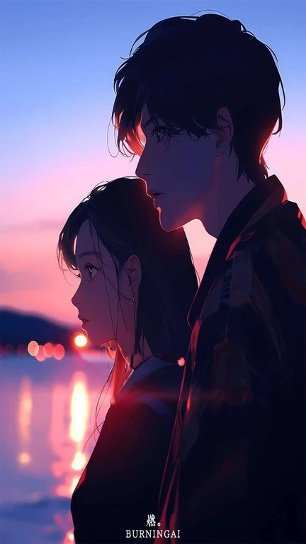 Two people standing next to each other near water in midwinter, japanese cartoon movies picture, Watching the sunset. japanese cartoon movies, beautiful japanese cartoon movies, ilya kuvshinov landscape, japanese cartoon movies vibes, With sunset, japanese cartoon movies. soft lighting, 4k japanese cartoon movies wallpaper, japanese cartoon movies wallaper, sakimichan and makoto shinkai, romantic couple, japanese cartoon movies style 4 k, With the setting sun