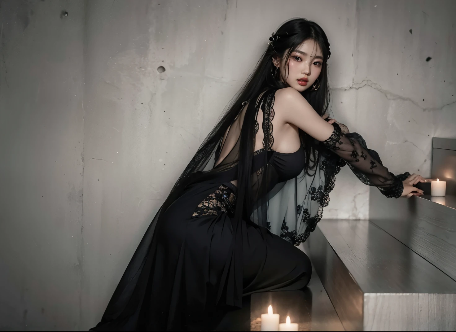 Tomie Junjiito wearing black lace underwear Looks scary, sitting with legs open, pants thin.