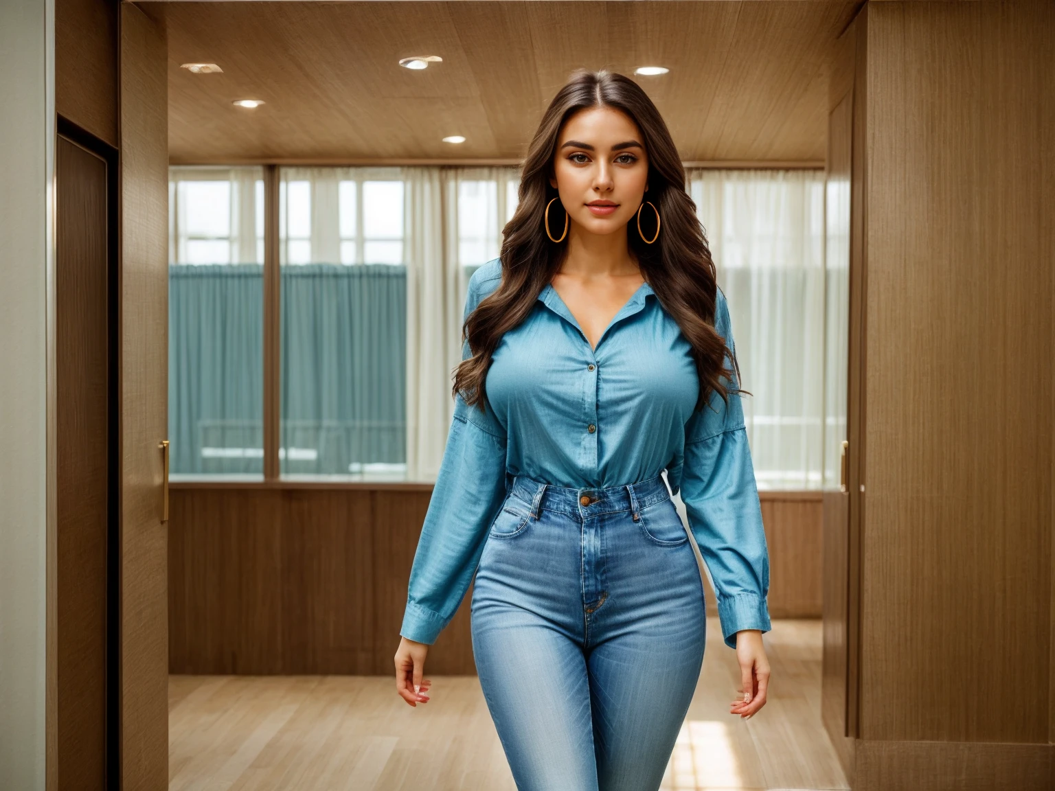 An image of a woman with an alluring gaze and a soft smile, her dark wavy hair gently lifted by her hand. Her natural makeup accentuates her features, with prominent eyebrows and warm eyes. She is wearing a light teal, long-sleeved button-up shirt with visible darker stitching and brown buttons, slightly opened at the top. Her figure is embraced by form-fitting blue jeans, and her look is completed with delicate gold hoop earrings.