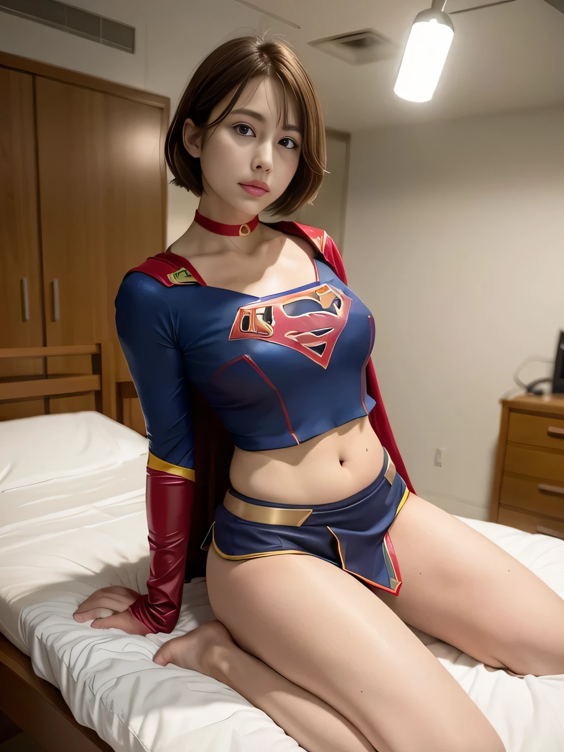 masterpiece、supergirl costume、short hair、barefoot、big and full breasts、operating room、operating table、straddle、Tattered、shiny、look at the camera、Seduce、choker、red mini skirt、long sleeve、Cowgirl、Estrus