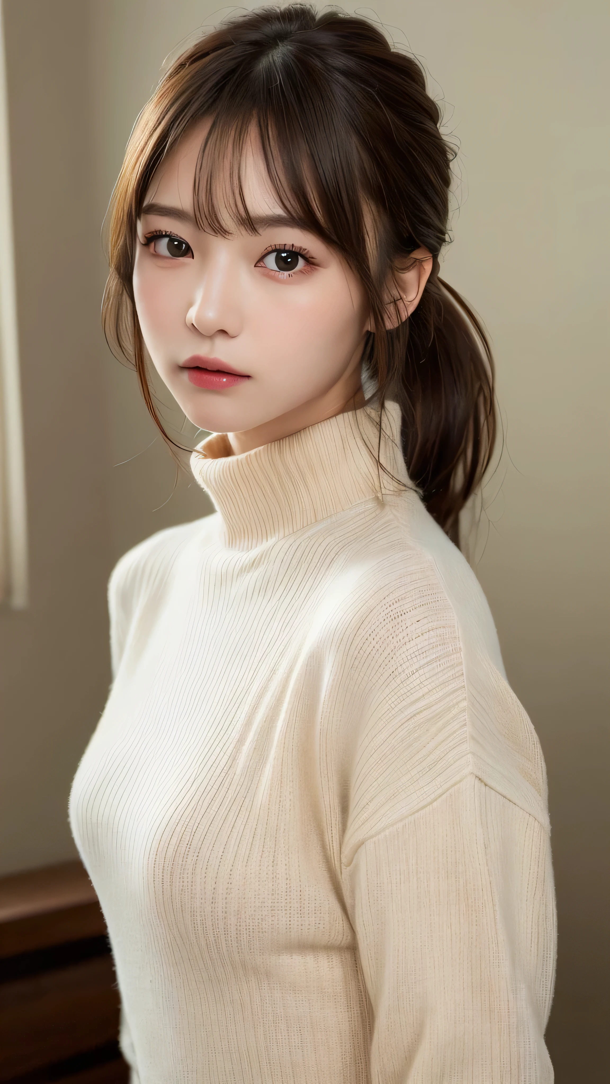 (masterpiece:1.5)、(realistic:1.5)、(highest quality:1.4、8K、RAW photo）、
ultra high resolution、professional lighting、perfect dynamic composition、Shot indoors、
film grain、chromatic aberration、(Bokeh:1.1)、
Frank、Sophisticated、charm、超realistic、high detail、golden ratio、
(1 girl)、slender girl、繊細でcharm女の子、cute woman:1.4、
serious expression、looking at the viewer、sculpture installation、
light brown hair、shining hair、Hair style is ponytail、
skin that looks real、
close your mouth、fine eyes、double eyelid、thin arms、small box、
(wearing a white turtleneck sweater)