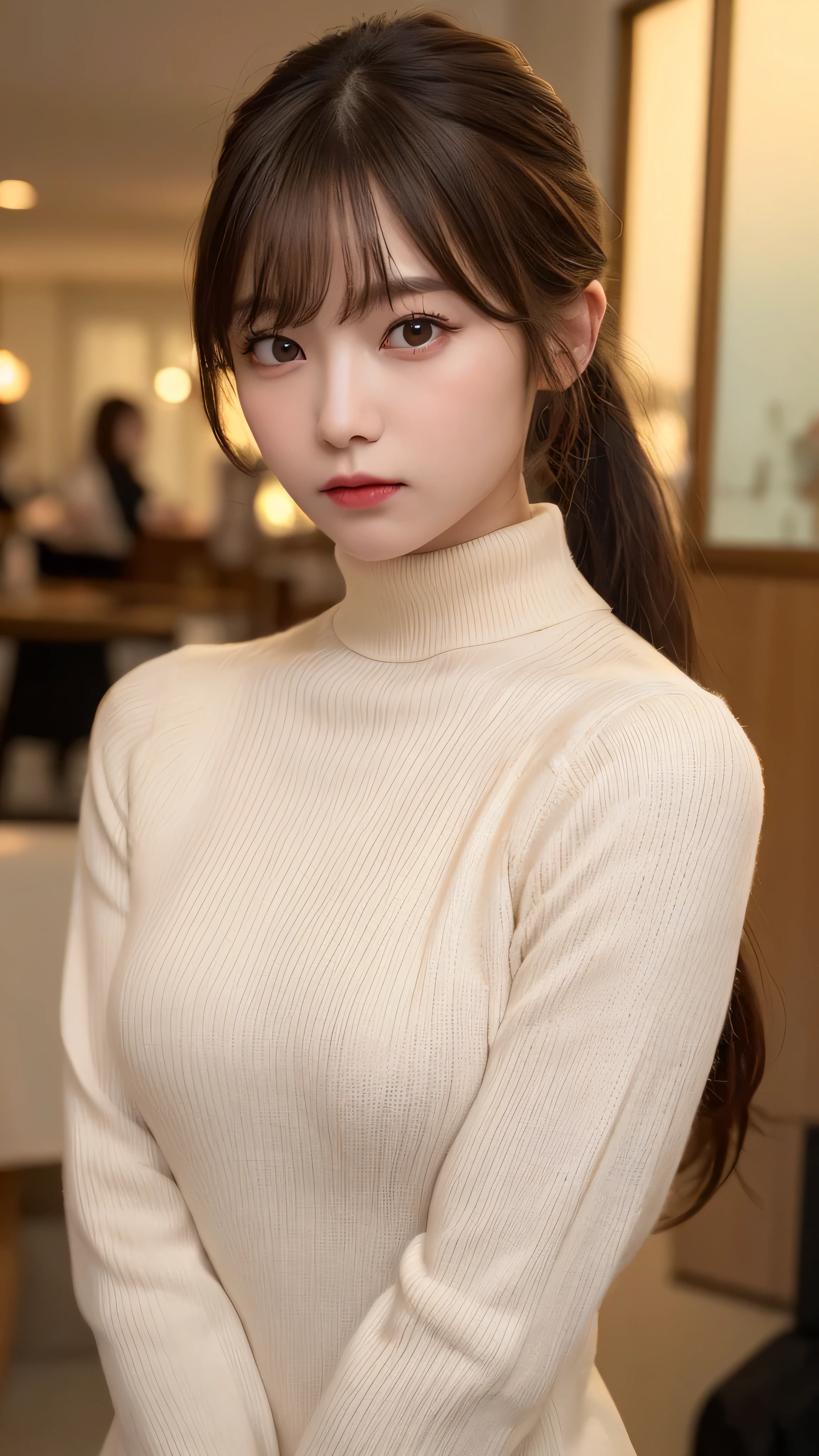 (masterpiece:1.5)、(realistic:1.5)、(highest quality:1.4、8K、RAW photo）、
ultra high resolution、professional lighting、perfect dynamic composition、Shot indoors、
film grain、chromatic aberration、(Bokeh:1.1)、
Frank、Sophisticated、charm、超realistic、high detail、golden ratio、
(1 girl)、slender girl、繊細でcharm女の子、cute woman:1.4、
serious expression、looking at the viewer、sculpture installation、
light brown hair、shining hair、Hair style is ponytail、
skin that looks real、
close your mouth、fine eyes、double eyelid、thin arms、small box、
(wearing a white turtleneck sweater)