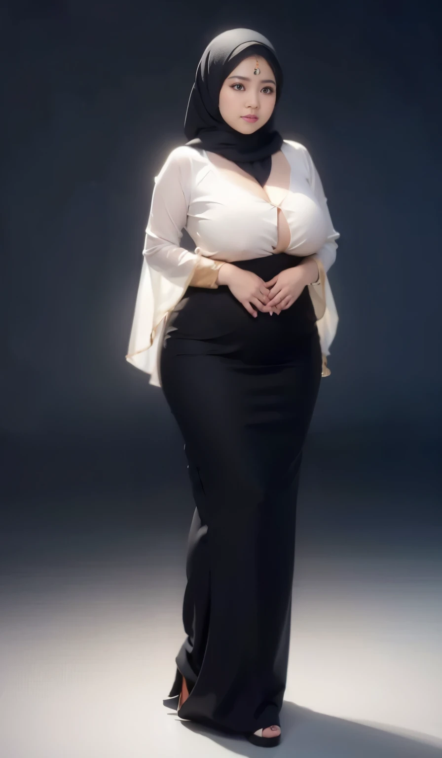 1 malay girl, modern plain hijab, shy, full portrait, watery eyes, wearing pastel black kebaya, ((big breasts)), black bokeh background, well-proportioned body,, chubby massive thighs, full body pose, large cleavage, sneaker