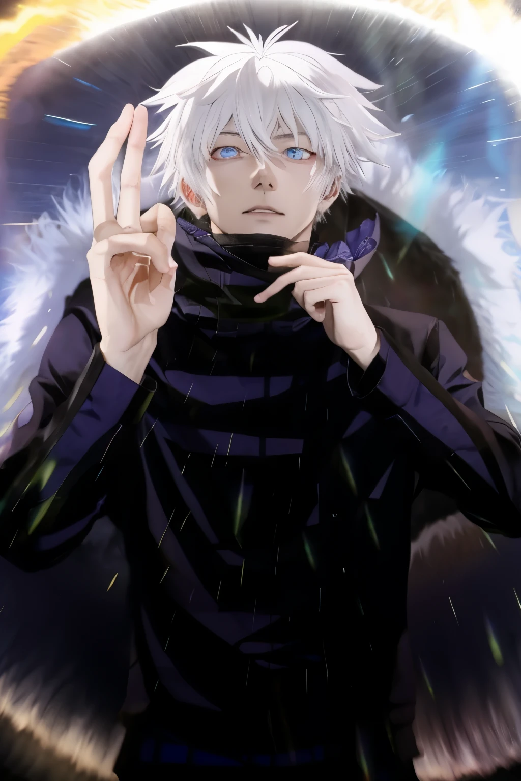 anime guy with white hair and blue eyes making a peace sign, nagito komaeda, with index finger, killua zoldyck, killua zoldyck black hair, kaneki ken, a silver haired mad, he is casting a lighting spell, white haired deity, ken kaneki, kaworu nagisa, killua zoldyck portrait