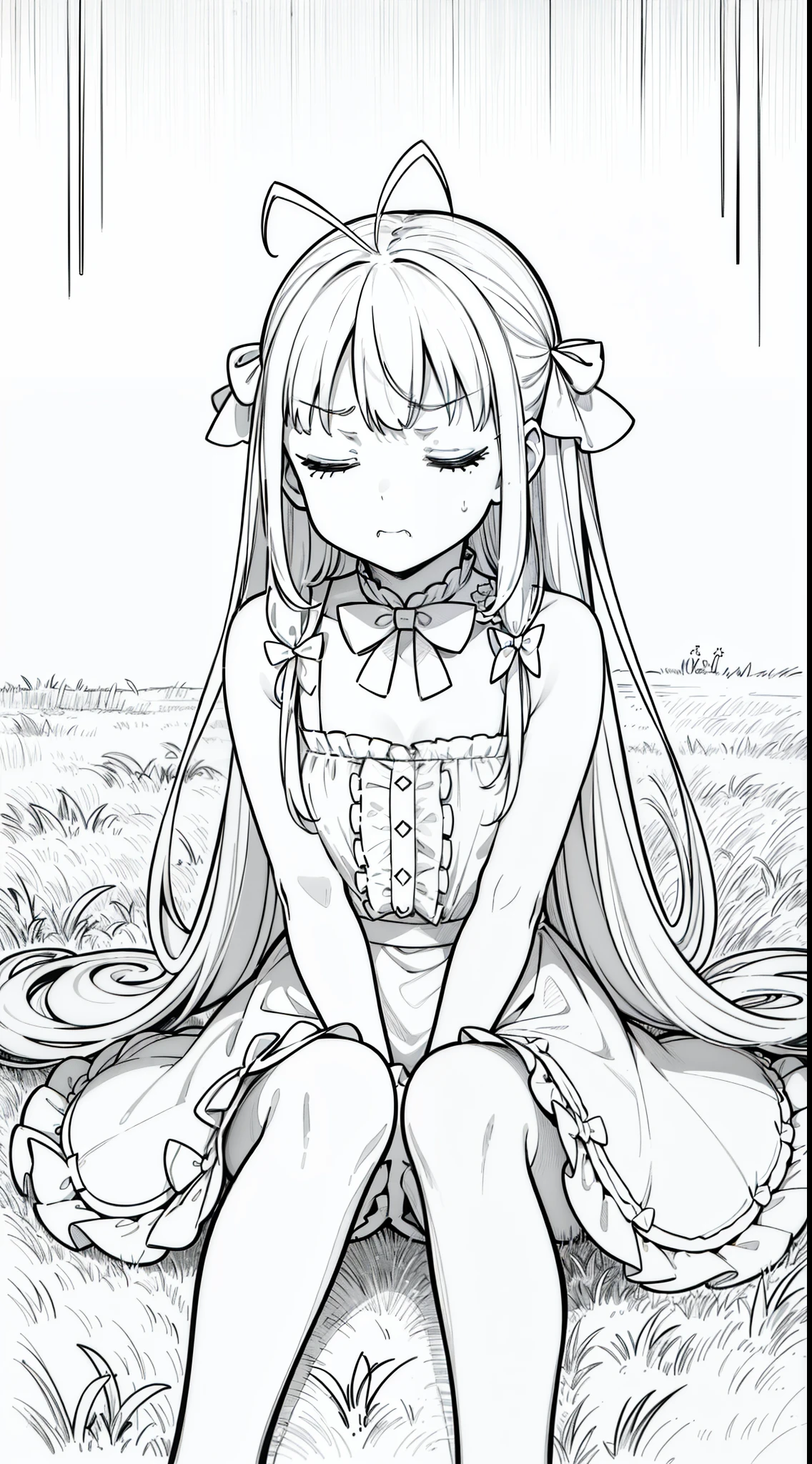 (1girl,10 years old),white hair,long hair,white pantyhoses,white dress mono color,frills, sleeveless, cleavage, bow tie, bare shoulders,(((hair 2antennas))),(,line drawing),(closed eyes),((angry,yelling)),(sitting on floor,grass)