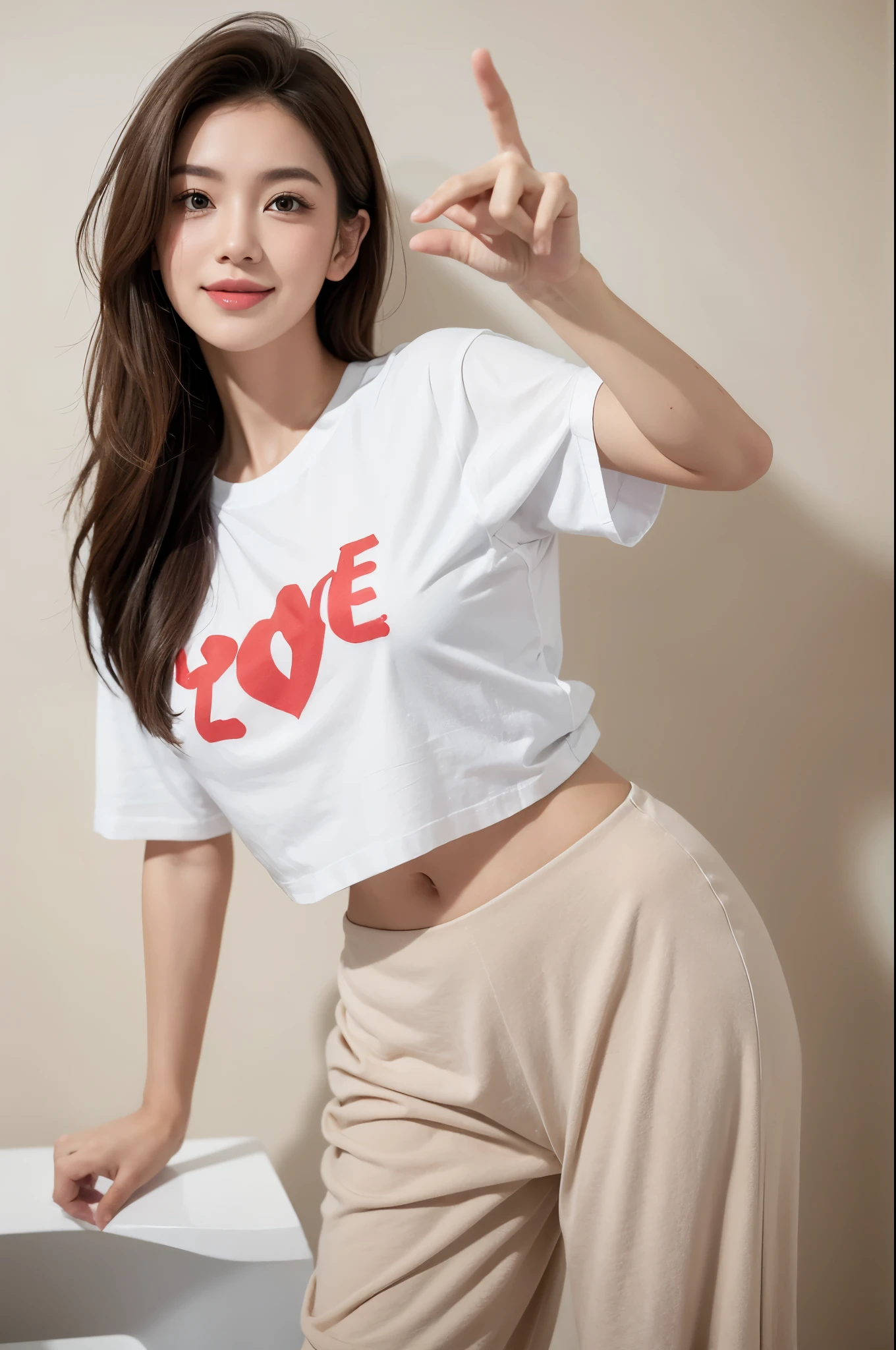 "LOVE YOU" written on t-shirt, Female in the crowded room, brown hair, huge cleavage, Best quality, masterpiece, ultra high res, wearing a (((white t-shirt that says "LOVE YOU"))) on it,, (photorealistic:1.4), young woman posing for a picture, perfect detailed skin texture, view from the front, full body, standing straight up, (slight smile:1.3), pointing at the viewer, BREAK (((teeshirt that says "LOVE YOU"))), BREAK, (bursting :1.2), white teeshirt, BREAK