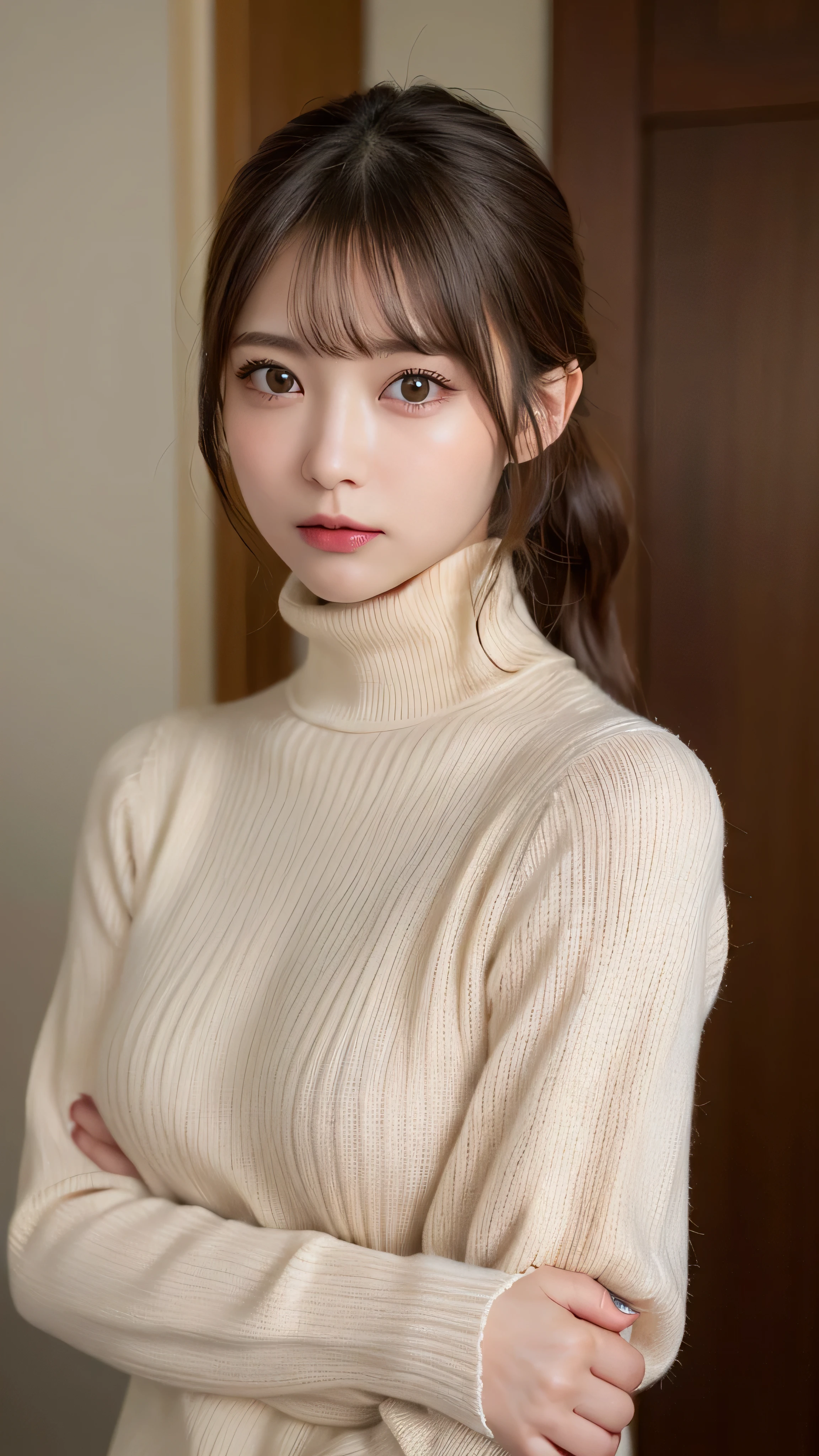 (masterpiece:1.5)、(realistic:1.5)、(highest quality:1.4、8K、RAW photo)、
ultra high resolution、professional lighting、perfect dynamic composition、Shot indoors、
film grain、chromatic aberration、(Bokeh:1.1)、
Frank、Sophisticated、Charm、surreal、high detail、golden ratio、
(1 girl)、slender girl、繊細でCharm女の子、cute woman:1.4、
serious expression、looking at the viewer、gravure pose、
light brown hair、shining hair、Hair style is ponytail、
skin that looks real、
close your mouth、fine eyes、double eyelid、thin arms、small chest、
(wearing a white turtleneck sweater)