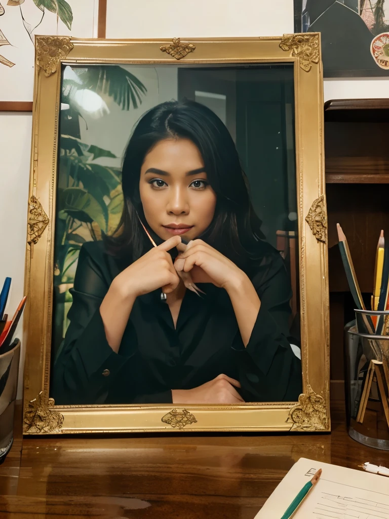 a large photo frame on an Indonesian work desk, a mess of colored pencils, a glass of black coffee and a cigarette,
REALISM