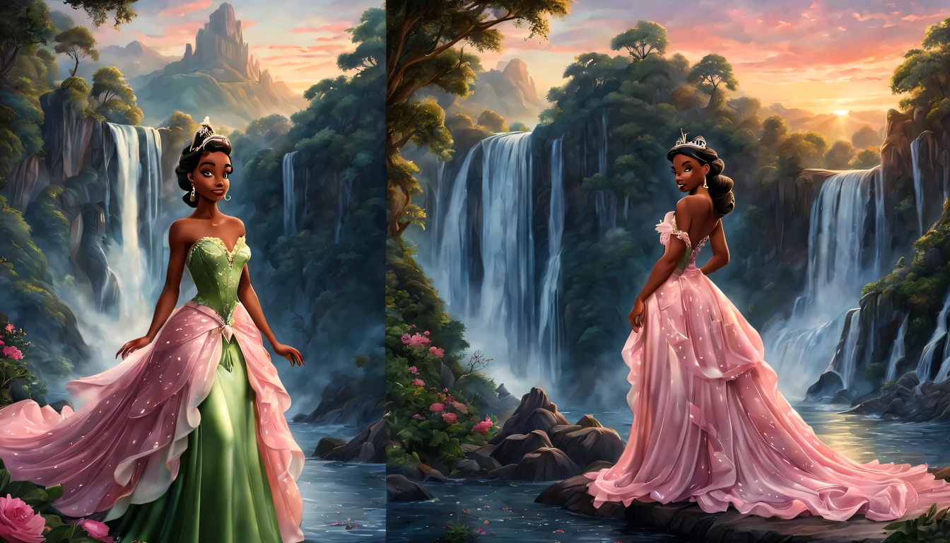 beautiful young lady (Princesa Tiana "princesa e o sapo"), (27 anos), vestido longo Rosa, de corpo inteiro, rocher, Very realistic waterfall, coucher du soleil, fleurs