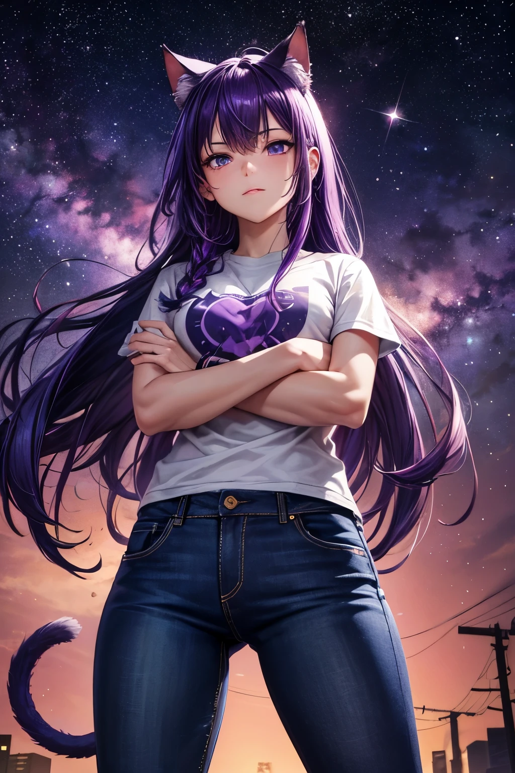 Top quality, high resolution, perfect human structure, background focus, from below, hands on hip, purple hair, glowing hair, cat ears, crossed arms, french braid, crazy eyes, shirt, jeans, night sky, shooting stars, near future, space,