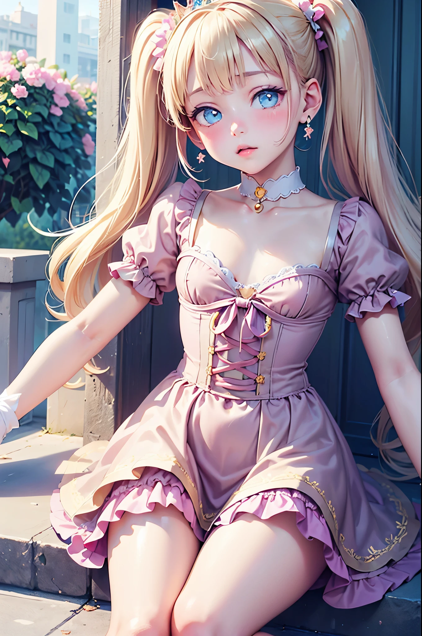 1girl, blush, looking at viewer, Twin tails, jewelry, (tiara), pink dress, corset, short sleeves, gloves, ruffles, golden Jewelry, (pastel colors), (kawaii), best quality, kawaiitech, 4k, ((masterpiece)), ultra-detailed, vivid colors, ((dreamlike)), cinematic lighting, flowers, outdoors, realistic