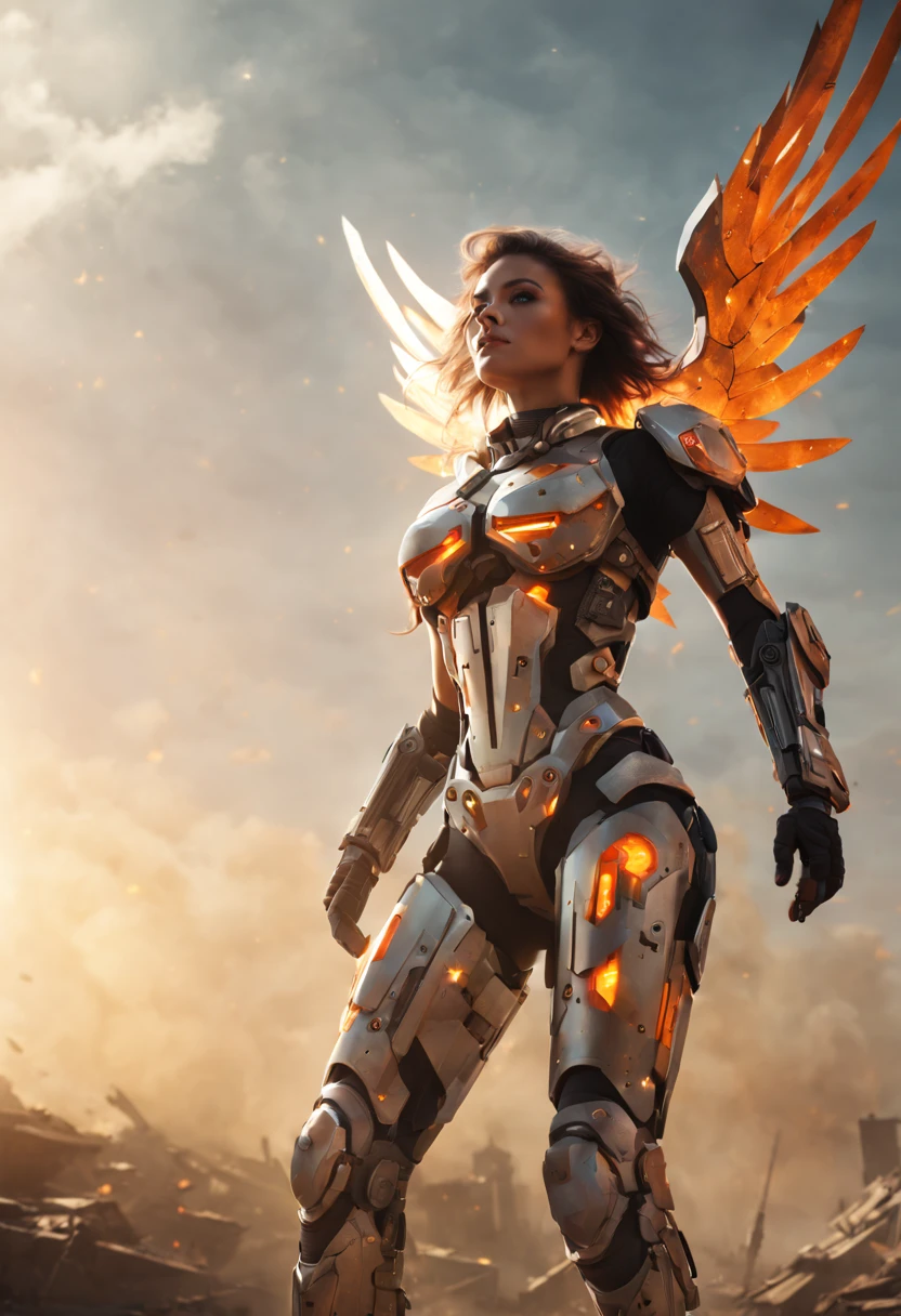 cyborg female angel, metallic gear, fit body, Run-down city, Battlefield, ruins, Gunsmoke fills, Orange sky, Dust, radiance, starry, from below, wide shot, cinematic lighting, blurry, Ultra-Wide Angle, best quality, 8k