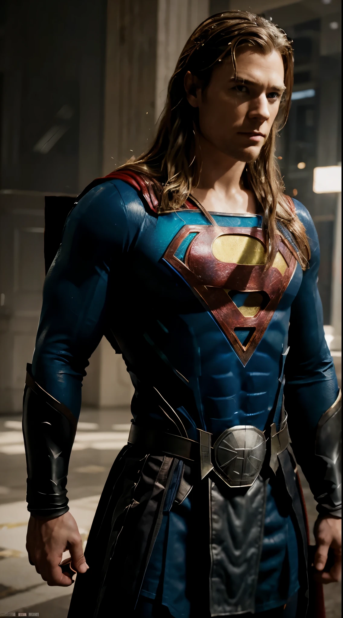 thor superman mash up realistic photo,extremely detailed photo, holding mjolnir hammer