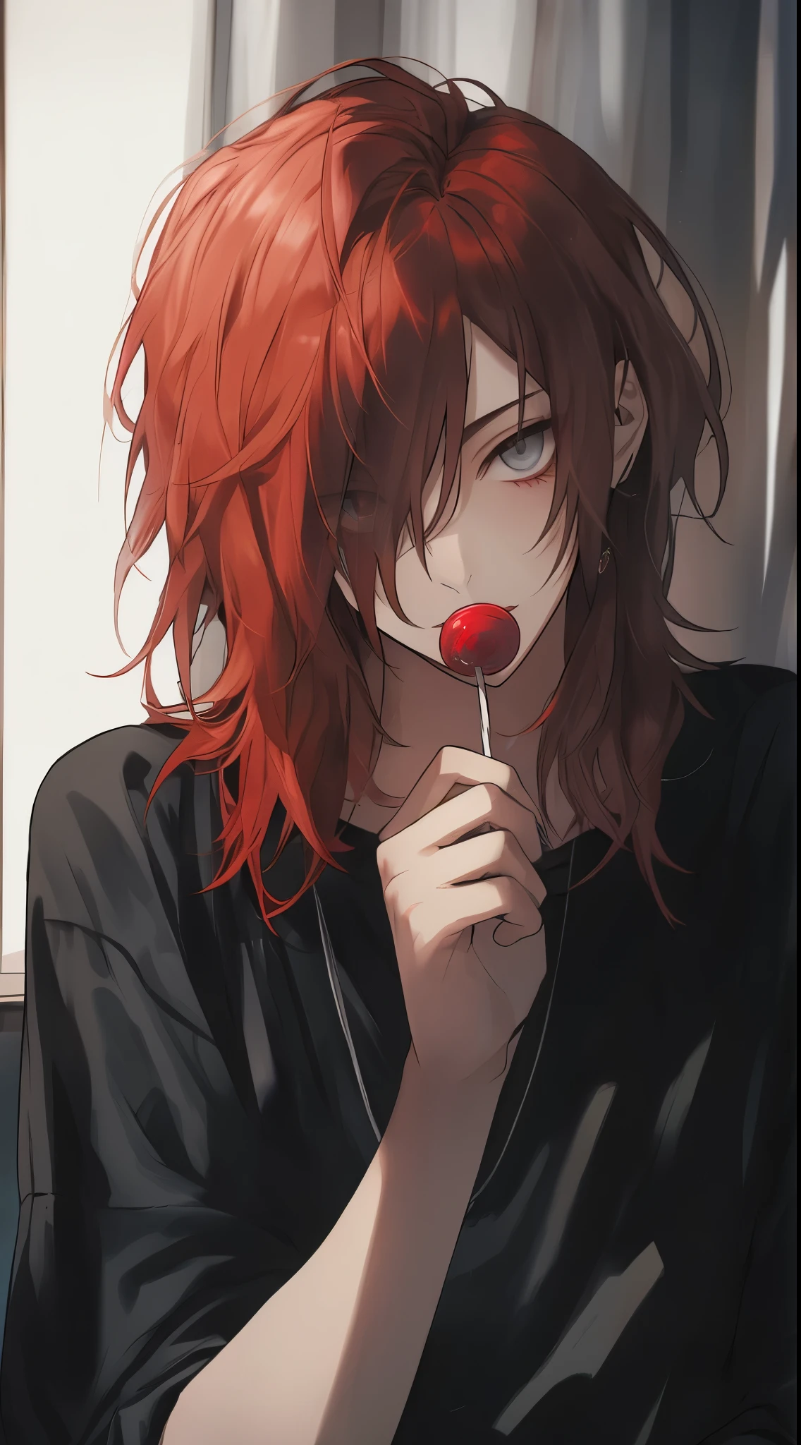 ((gray eyes)),  thin lips, beautiful eyes, Eyes like jewels, thick lips, Beautiful young man, red hair, shoulder length hair, slit eyes, lollipop, black casual clothes, monotone room,high quality, amount of drawing, pixiv illustration