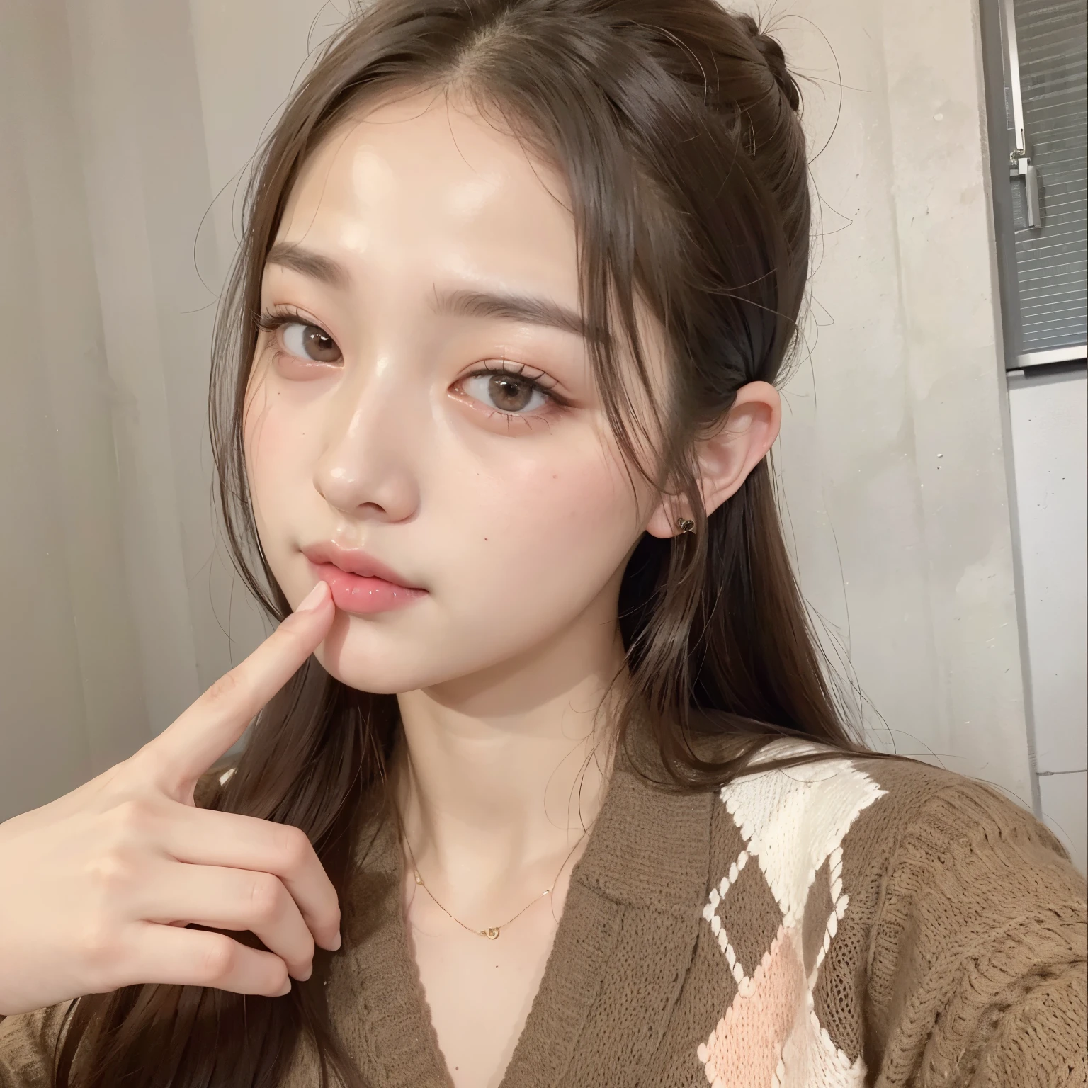 there is a woman that is holding a finger to her lips, ulzzang, chiho, with cute - fine - face, jaeyeon nam, jinyoung shin, girl cute-fine-face, shikamimi, 19-year-old girl, heonhwa choe, wan adorable korean face, sakimichan, young adorable korean face