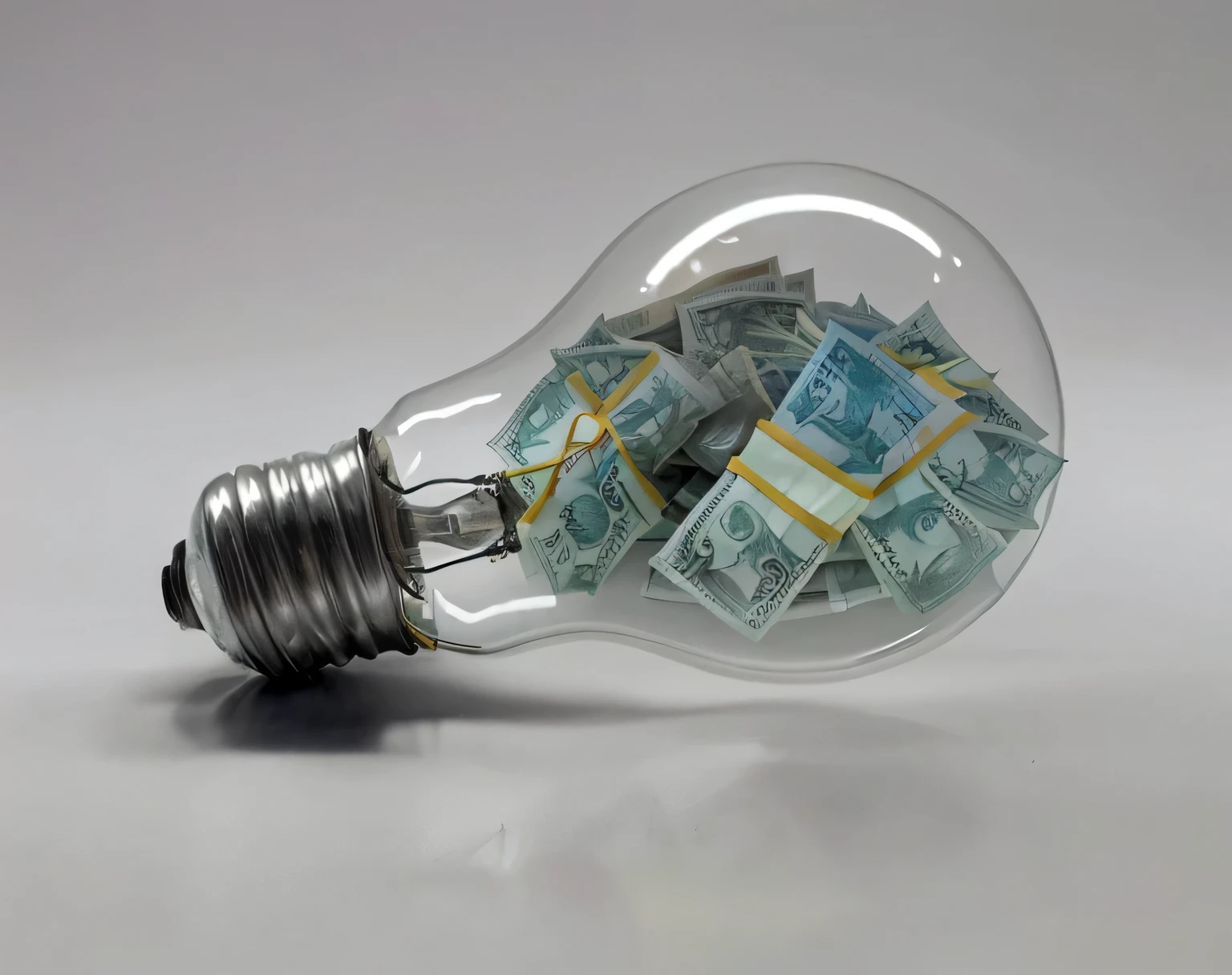 A traditional modern transparent lamp with bunch of Brazilian Real money banknotes inside it. Neutral and empty background.