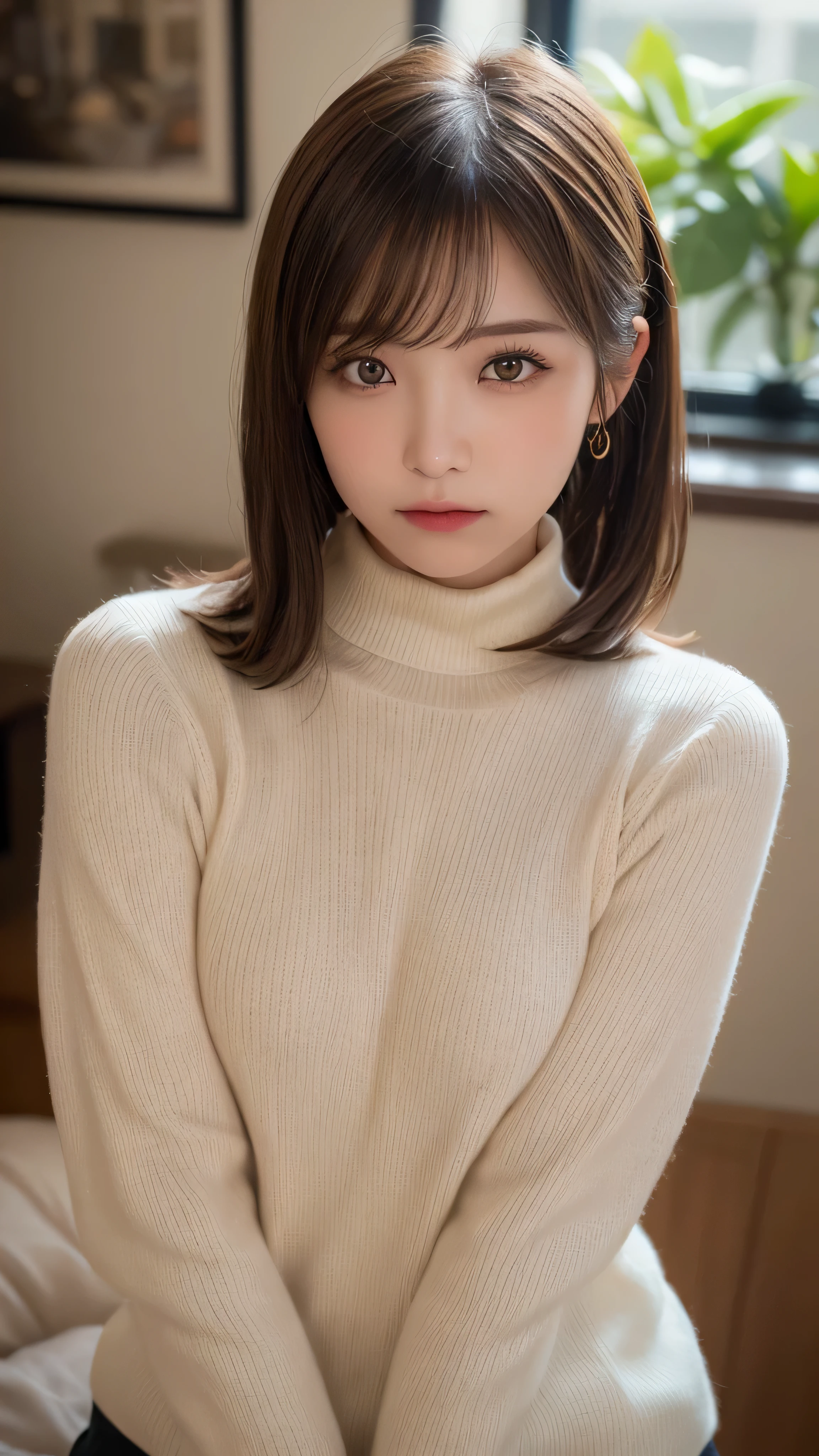 (masterpiece:1.5)、(realistic:1.5)、(highest quality:1.4、8K、RAW photo)、
ultra high resolution、professional lighting、perfect dynamic composition、Shot indoors、
film grain、chromatic aberration、(Bokeh:1.1)、
Frank、Sophisticated、charm、超realistic、high detail、golden ratio、
(1 girl)、slender girl、繊細でcharm女の子、cute woman:1.4、
serious expression、looking at the viewer、sculpture installation、
light brown hair、shining hair、Hair style is ponytail、
skin that looks real、
close your mouth、fine eyes、double eyelid、thin arms、small box、
(wearing a white turtleneck sweater)、Wear flared thighs