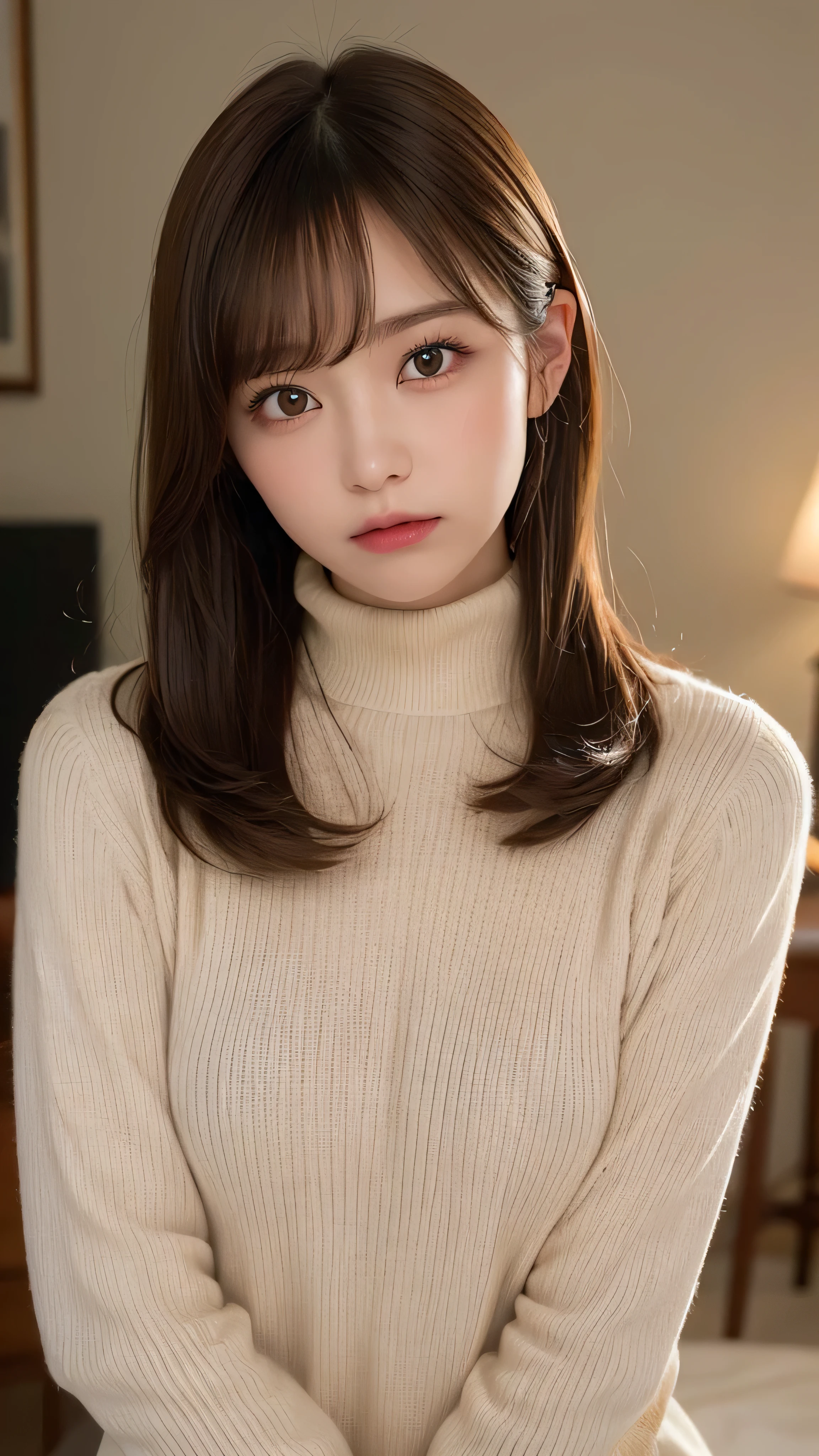 (masterpiece:1.5)、(realistic:1.5)、(highest quality:1.4、8K、RAW photo)、
ultra high resolution、professional lighting、perfect dynamic composition、Shot indoors、
film grain、chromatic aberration、(Bokeh:1.1)、
Frank、Sophisticated、charm、超realistic、high detail、golden ratio、
(1 girl)、slender girl、繊細でcharm女の子、cute woman:1.4、
serious expression、looking at the viewer、sculpture installation、
light brown hair、shining hair、Hair style is ponytail、
skin that looks real、
close your mouth、fine eyes、double eyelid、thin arms、small box、
(wearing a white turtleneck sweater)、Wear flared thighs