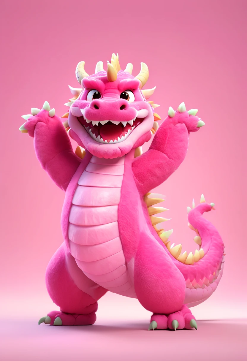 Pixar animation style, a pink red Chinese dragon, made of cotton candy material, with a happy expression. The background of the ID photo is pink, with a half side composition. Standing, the whole body is centered, hard light, strong light sense, c4d, 8k, high-definition quality 