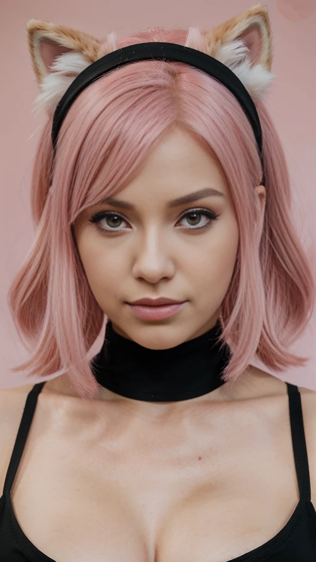 a close up of a person with pink hair and a black top, a character portrait by Ren Renfa, tumblr, furry art, cosplay, glamourous cosplay, anime cosplay, elegant glamourous cosplay, professional cosplay, full-cosplay, anime girl cosplay, amouranth, pink fox, anime inspired, neferpitou, 4k post, 4 k post