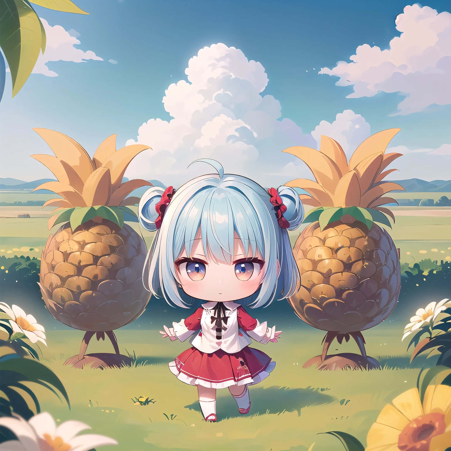 ((Chibi, REAL, Pineapple, 3DCG, 1 girl: 1.3)), (Masterpiece, almond-shaped eyes, glossy white-blue hair, short chignon hair, top quality, meticulously drawn limbs Fingertips, warm skirt,warm clothes, smooth and beautiful skin: 1.3), (red cheeks, fluffy clothes,fluffy skirt,full body,: 1.2), (It is a beautiful place,flower gardens.:1.2),(chibi,small world,Indifferent, expressionless,Great location on the prairie,Blake first,Remains:1.3)