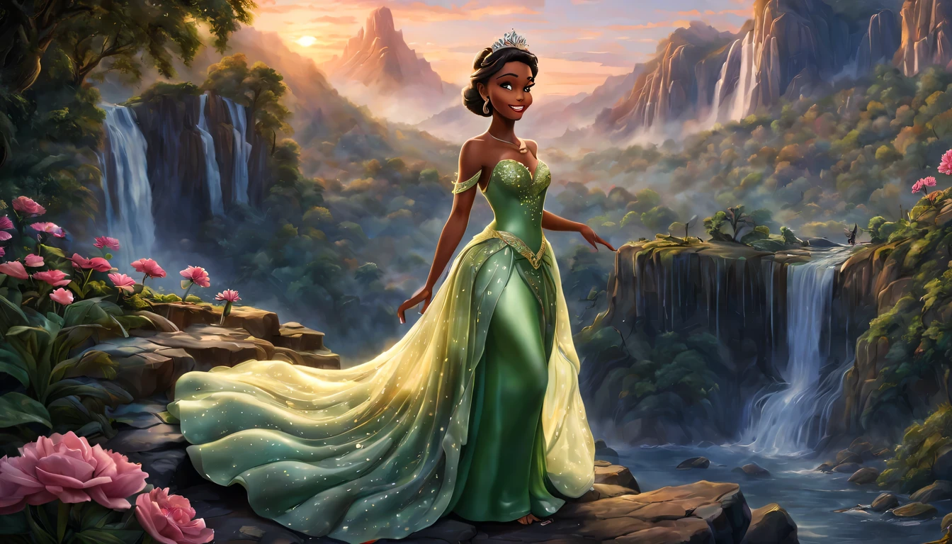 beautiful young lady (Princesa Tiana "princesa e o sapo"), (27 anos), vestido longo Rosa, de corpo inteiro, rocher, Very realistic waterfall, coucher du soleil, fleurs
