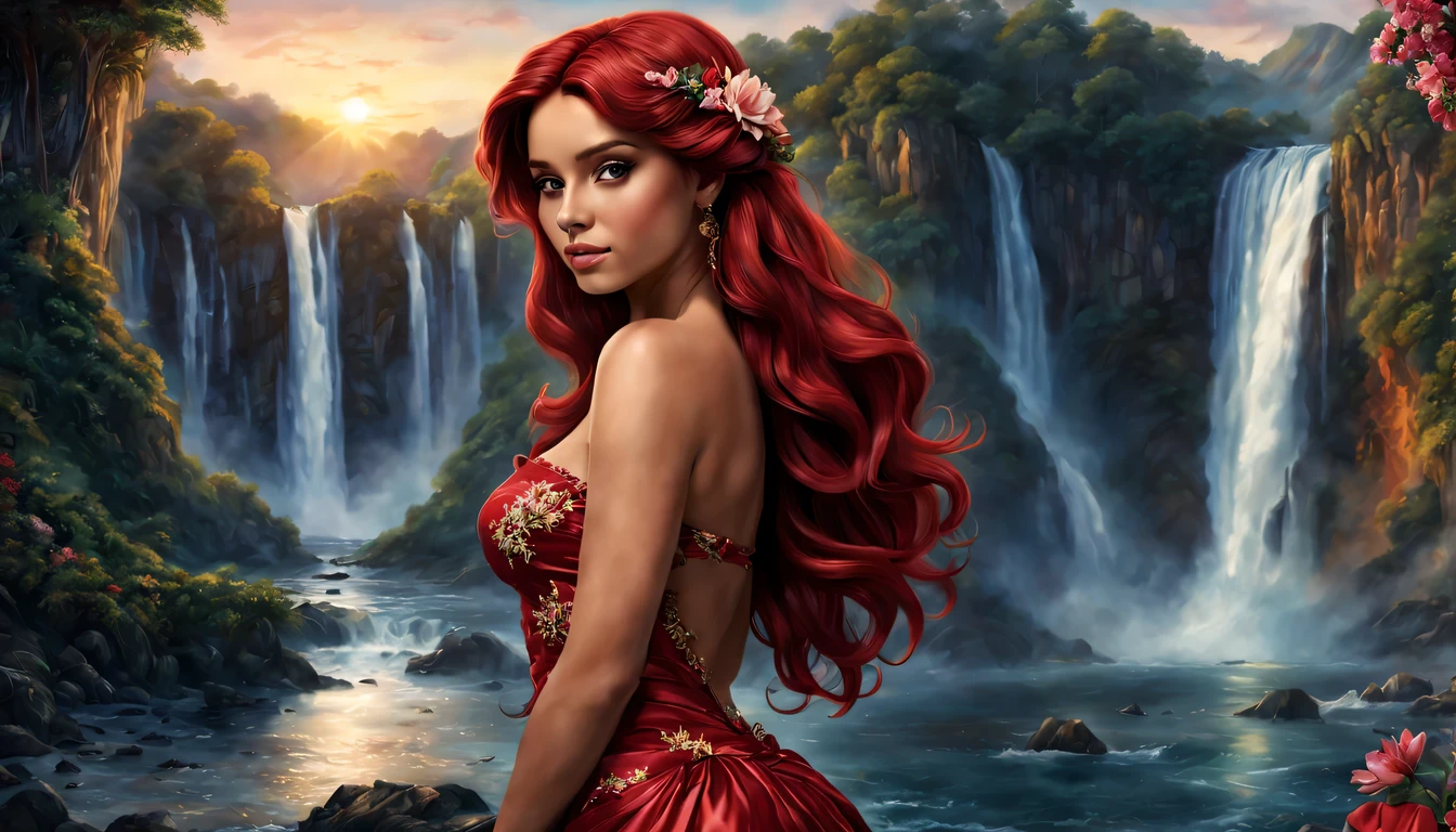 beautiful young lady (Ariel "A Pequena Sereia"), (27 anos), vestido longo Vermelho, de corpo inteiro, rocher, Very realistic waterfall, coucher du soleil, fleurs
