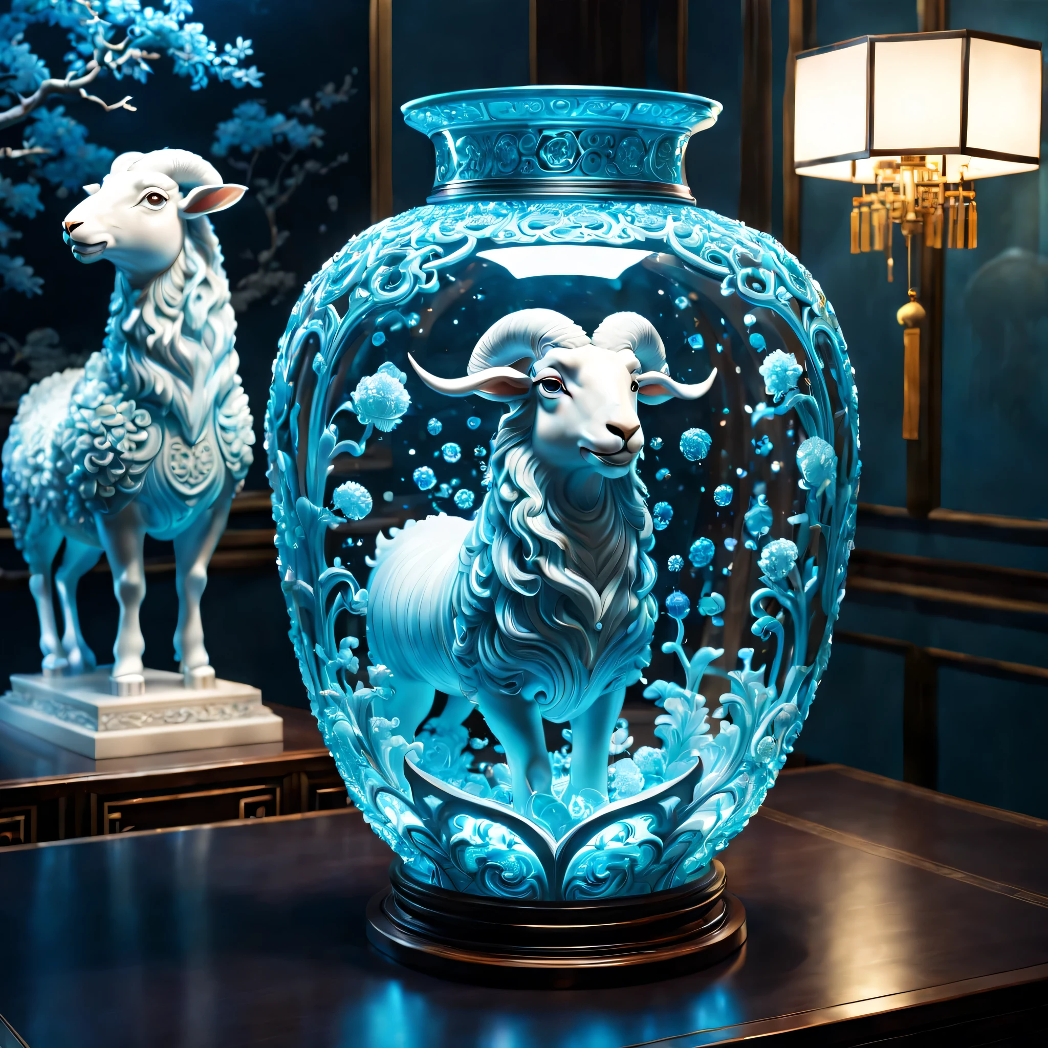 An oriental style vase is displayed in an empty room,There is a dragon sheep inside, RococoStyle, Crystal nuclei, Realistic light depiction, interesting and complex, light blue, hidden academia, World pattern,The body of the vase is illuminated by light, RococoStyle, futuristic elements, Crystal nuclei, Chinese iconography, swirl, light blue, giant money sculpture, Futuristic fantasy style, light blue, An intricate underwater world, Realistic light depiction, clear colors, Crystal nuclei, Light cyan and white, An intricate underwater world风格, Crystal nuclei, chinapunk, swirl, light blue, Glowing portrait, light box,(best quality,4K,8k,high resolution,masterpiece:1.2),super detailed,(actual,realistically,lifelike:1.37),extremely detailed glass vase，There is a sheep on it,super detailedscp神器可以,Complex and gorgeous anime CGI style,Exquisite renderings of the Tang Dynasty,Better than Paul and James Ginn,complex artwork. Guilty car rendering,Complex 8K rendering,8k vray rendering,rendering art,filled with glass. Computer Graphics Association,High quality rendering