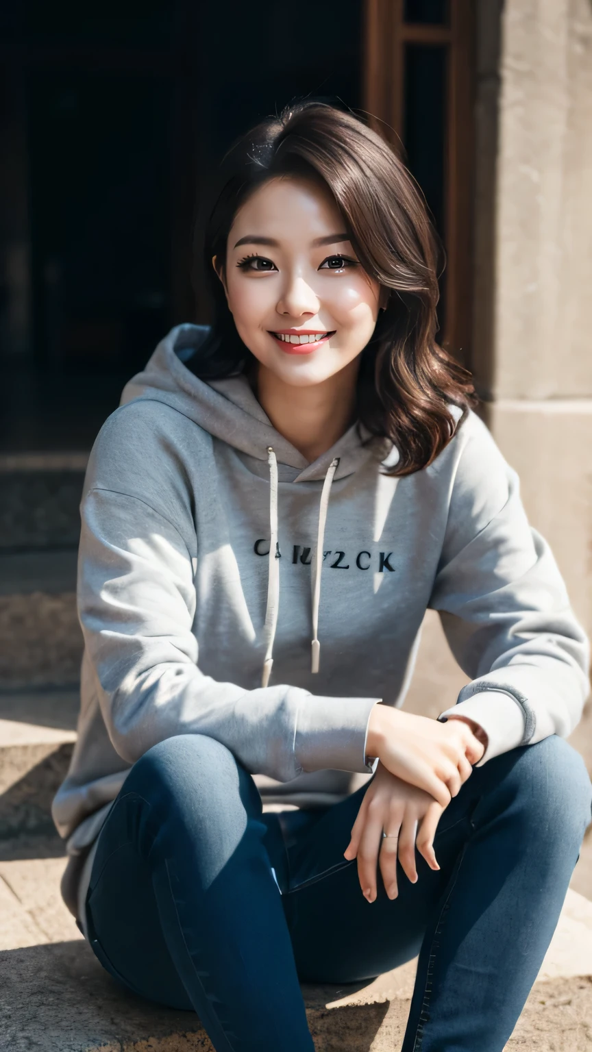 masterpiece, black hair, pure background, beautiful, elegant. Ultra-fine details, masterpieces, realistic textures, realistic cinematic lighting, perfect work, 8k, HD, delicate facial features, full body, Wavy auburn tresses, Hoodie and jeans, Casual sitting pose, Serene smile