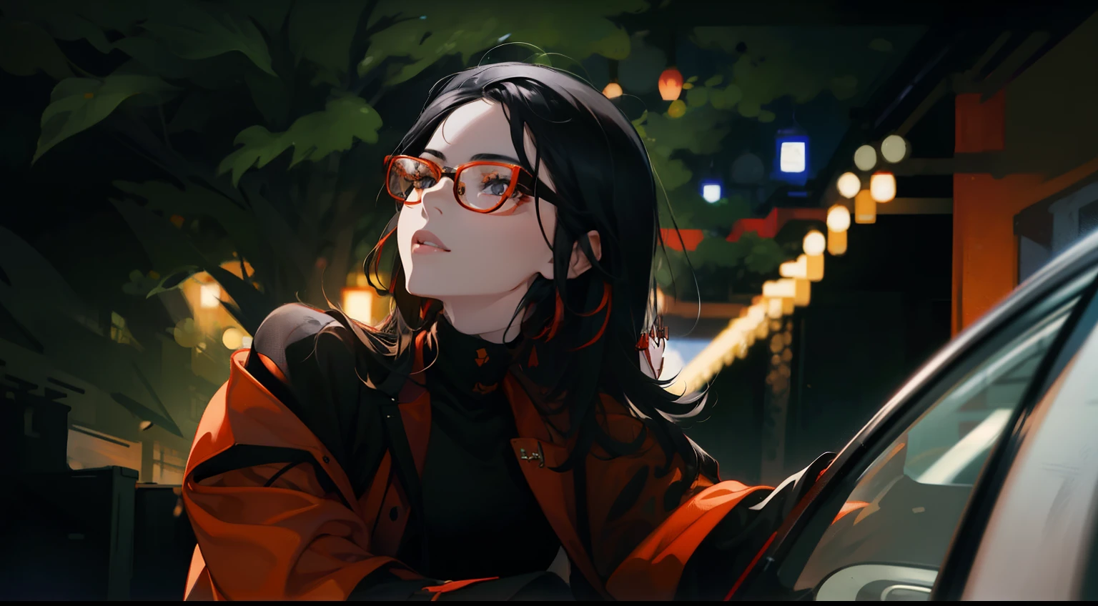 1 female, aldult, Handsome, girl with glasses, Slim figure, black eyes, black curly hair, Unruly hair, Red sweater, Orange turtleneck, look back, Mouth slightly open, Holding on to the roof, background blur halo