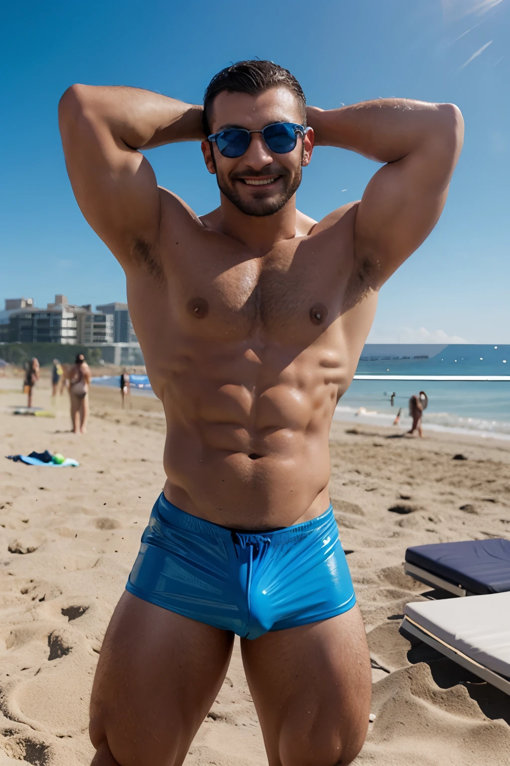 muscle austin aries smiling in shades, thick eyebrows, in blue leather speedos, manspred on the beach. hands over head. low angle shot.