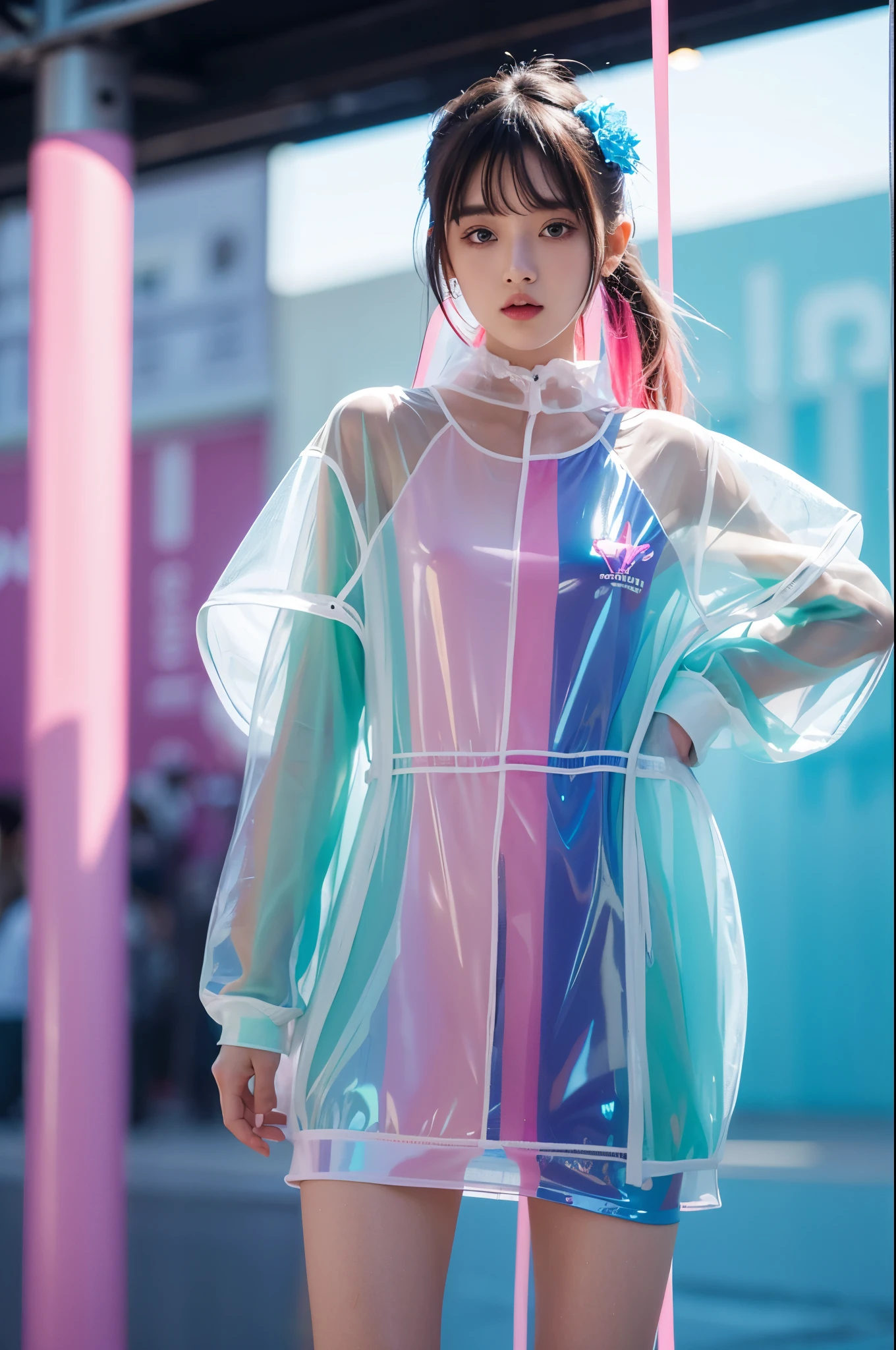 transparent color PVC clothing,transparent color vinyl clothing,prismatic,holographic,chromatic aberration,fashion illustration,masterpiece,girl with harajuku fashion,looking at viewer,8k,ultra detailed,pixiv