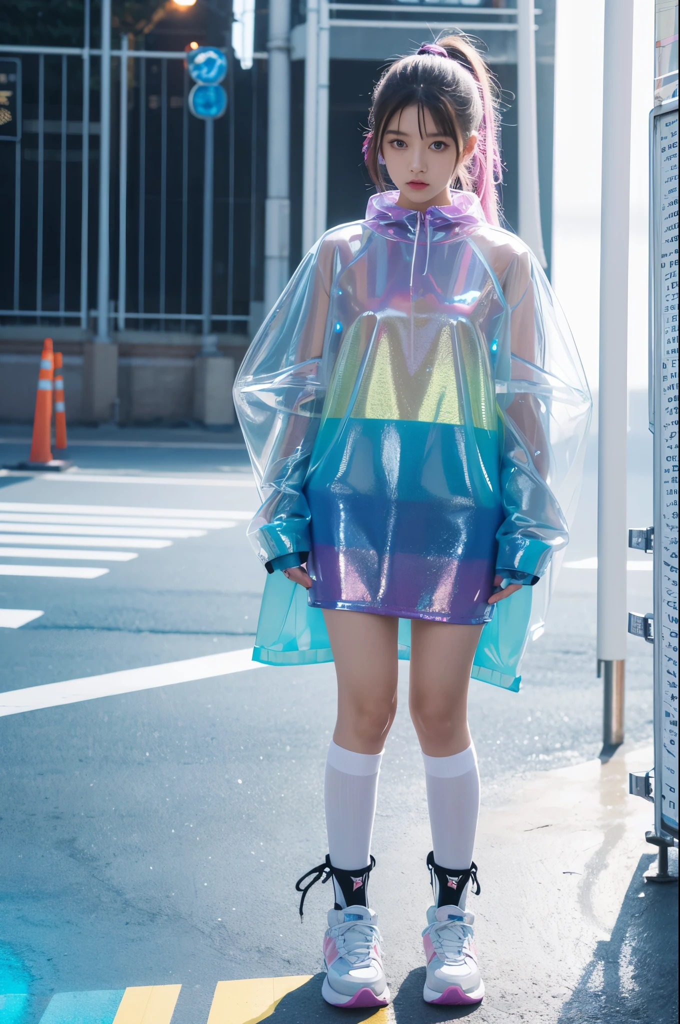 transparent color PVC clothing,transparent color vinyl clothing,prismatic,holographic,chromatic aberration,fashion illustration,masterpiece,girl with harajuku fashion,looking at viewer,8k,ultra detailed,pixiv