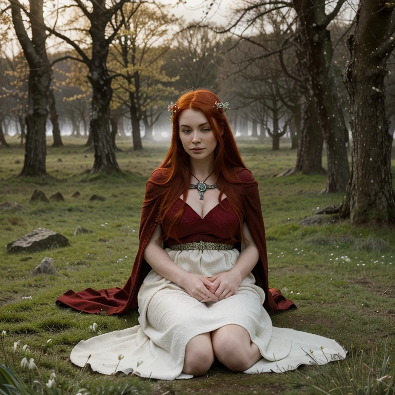 Beautiful firey red haired maiden , in a celtic winter woodland, she embodies the goddess Brigid, brigid's cross, lambs and calves are laying at her feet, snowdrop flowers, winter wheat, mist, magical