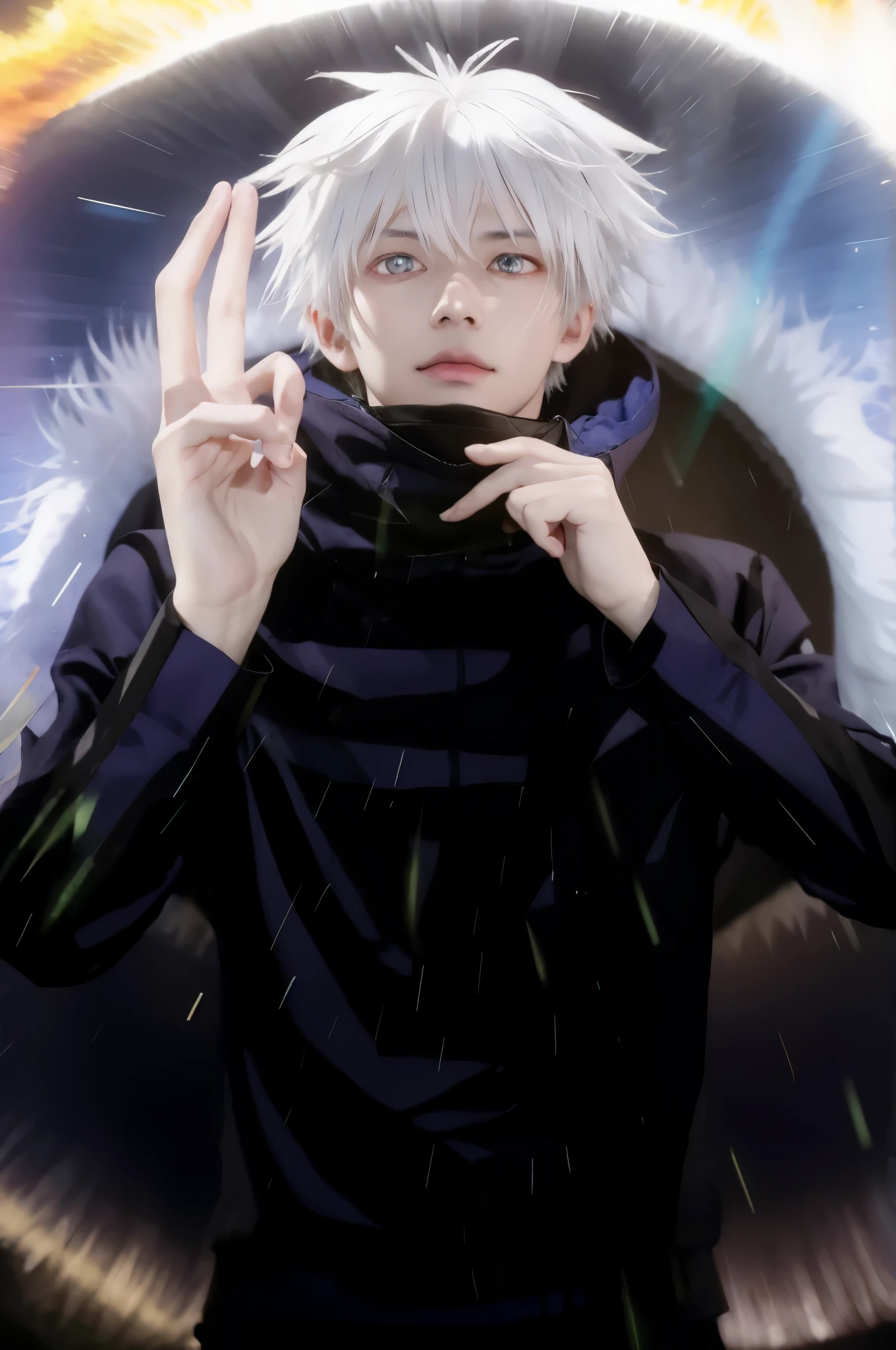 anime guy with white hair and blue eyes making a peace sign, nagito komaeda, with index finger, killua zoldyck, killua zoldyck black hair, kaneki ken, a silver haired mad, he is casting a lighting spell, white haired deity, ken kaneki, kaworu nagisa, killua zoldyck portrait