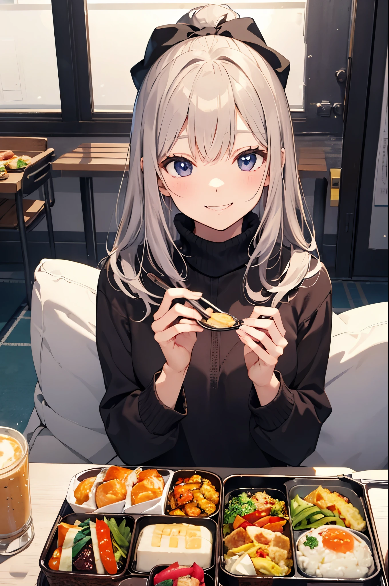 （Pretty sister:1.3）、 happy face,winterの雰囲気、Eat lunch、winter、Bento、cold