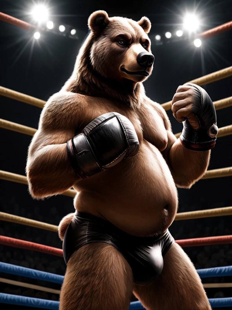 male anthro bear, chubby, dynamic pose, bust portrait, underwear, solo, realistic fur, detailed background, bedroom, detailed fluffy fur, long fluffy fur, photorealism, fighting ring, hdr, short tail, crowd, purple stage light, leather gauntlet, realistic, ultra realistic