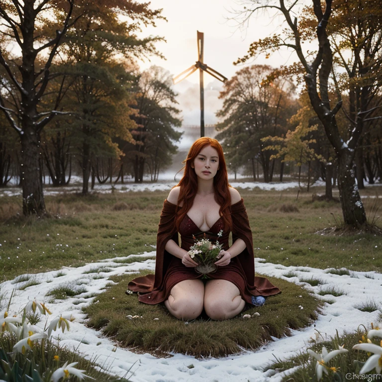 Beautiful firey red haired maiden , in a celtic winter woodland, she embodies the goddess Brigid, brigid's cross, lambs and calves are laying at her feet, snowdrop flowers, winter wheat, mist, magical
