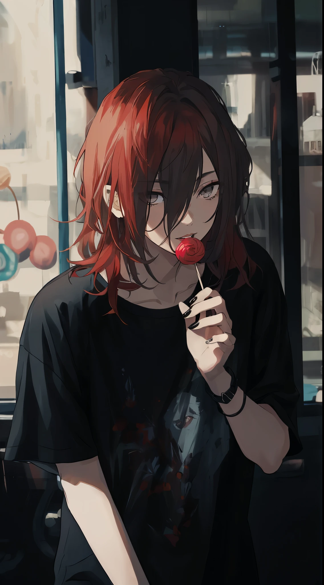 ((gray eyes)), beautiful eyes, Eyes like jewels, thick lips, Beautiful young man, red hair, shoulder length hair, slit eyes, lollipop, black casual clothes, monotone room,high quality, amount of drawing, pixiv illustration
