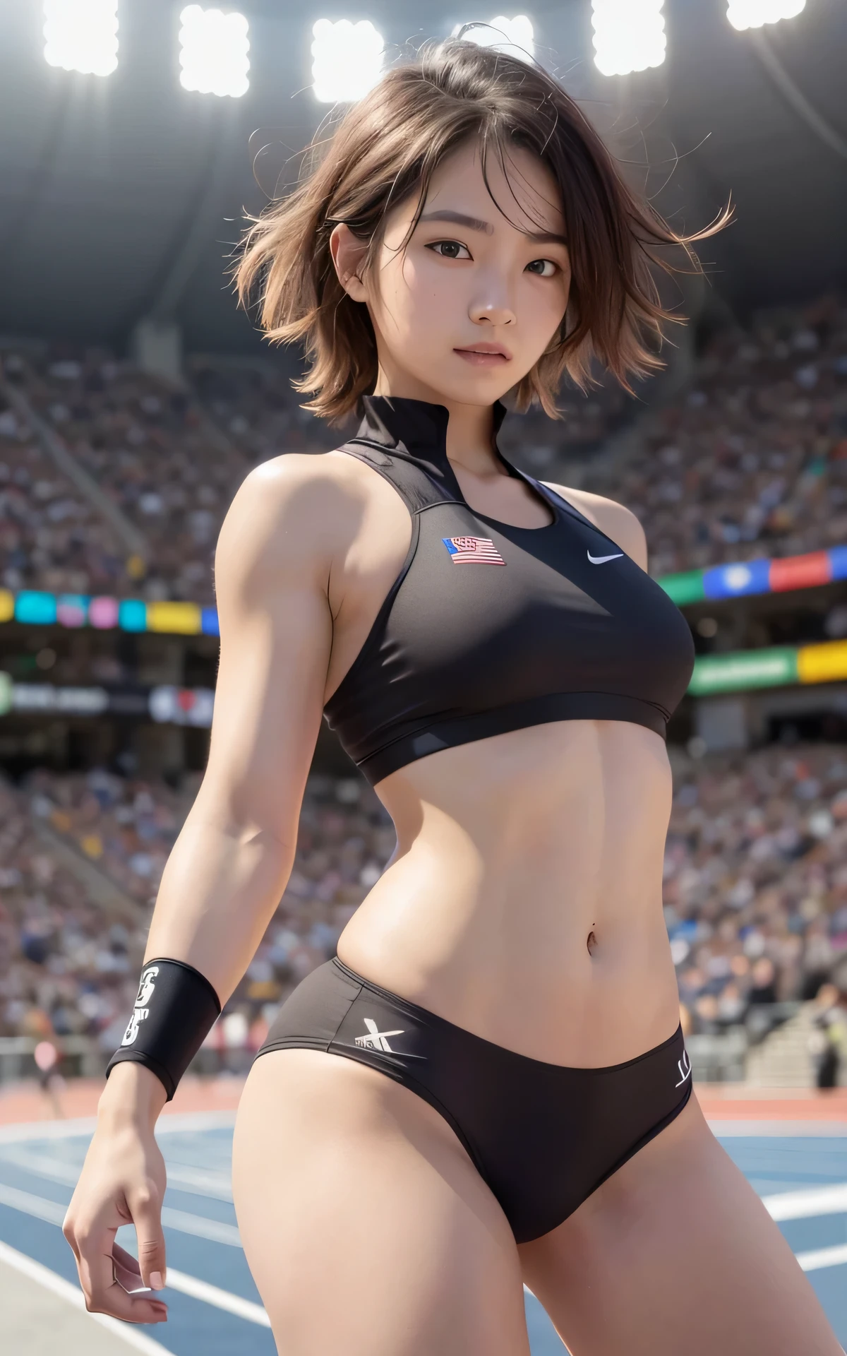 Unity 8K Wallpaper, Masterpiece, Best Quality, Ultra Detailed, Extremely Detailed CG, Ultra High Resolution, Caustics, Detailed, Beautiful Detailed Eyes, solo, woman, athletics stadium, light smile, cowboy shot, (running trunks:1.3, track and field athlete:1.3), sunburn, medium hair, dynamic pose