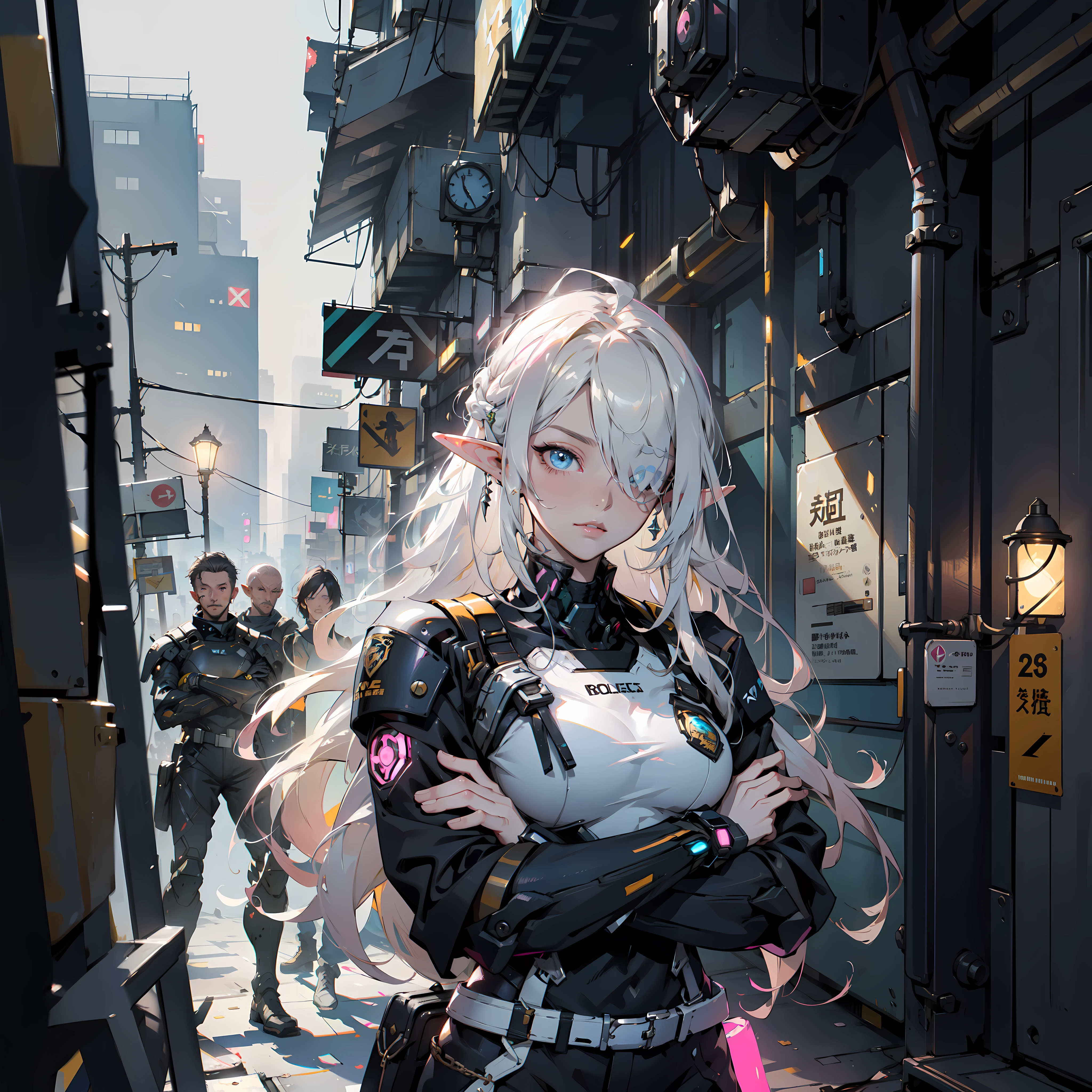 ((masterpiece)), (top quality), (best quality), ((ultra-detailed, 8k quality)), Aesthetics, Cinematic lighting, (detailed line art), absurdres, (best composition), (high-resolution),
BREAK,
Beauty of a elf girl, mecha girl, tech wear police organic cyborg, white plastic armored, (yellow techwear armored, yellow and black safety tapes), Detailed Cloth, and armored Texture, She is major police in cyberpunk with his squad, cyberpunk, cowboy shot, walked with ((crossed arms:1.2)), Cinematic dramatic atmosfer, fantasy, intricate, elegant, highly detailed, lifelike, photorealistic, digital painting, artstation, illustration, concept art, smooth, sharp focus, art by Yoji Shinkawa, by Mikimoto Haruhiko, by Artgerm,
BREAK,
highly detailed of (elf), (1girl), solo, perfect face, details eye, ahoge, ((long hair:1.2)), (hair over one eye:1.3), [[Messy hair]], shiny blonde white hair, blue eyes, multicolored hair, (eyelashes, eyeshadow, pink eyeshadow), smile, design art by Mikimoto Haruhiko, by Kawacy, By Yoshitaka Amano,
BREAK, 
((perfect anatomy)), perfect body, Abs, medium breast, best hands, perfect face, beautiful face, beautiful eyes, perfect eyes, (perfect fingers, deatailed fingers), correct anatomy, 
BREAK, 
Watercolor wash painting, muted colors, warm colors, best quality, delicate brushwork,painting style background, abandoned building, neon-lit cyberpunk cityscape, industrial, cables and pipes, ventilation ducts, police line, crowded The police squad walked behind the major, (depth of field:1.2), (blurry background:1.2),the style of Mikimoto Haruhiko, Artgerm, Kentaro Miura style, the style of Mikimoto Haruhiko, Artgerm, Kentaro Miura style,