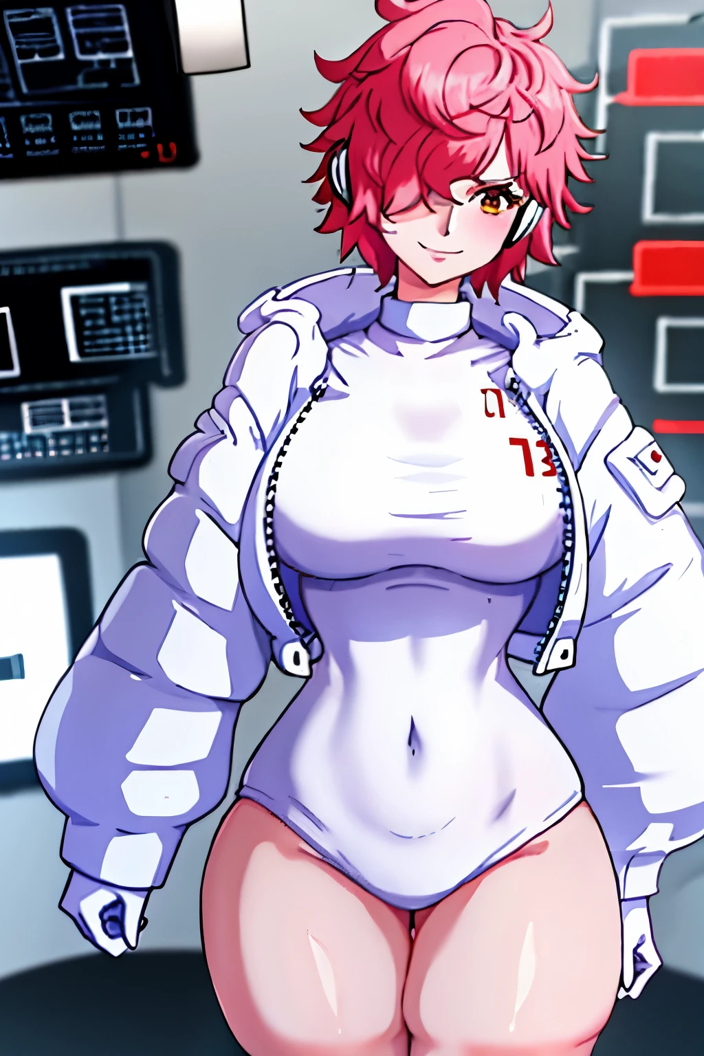 1girl, short hair, color hair, white, Red Earrings Headphones, thick,
