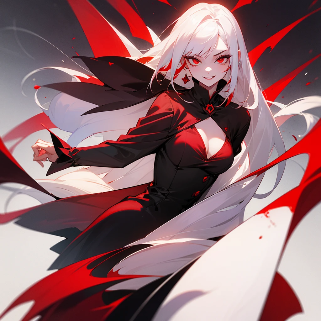 Masterpiece, best quality, height, 1 girl, alone, vampire, white hair, long hair, I'm open., conjunctivitis, An evil smile., Girl vampires with red hair, Red and black dress, Awesome backgrounds