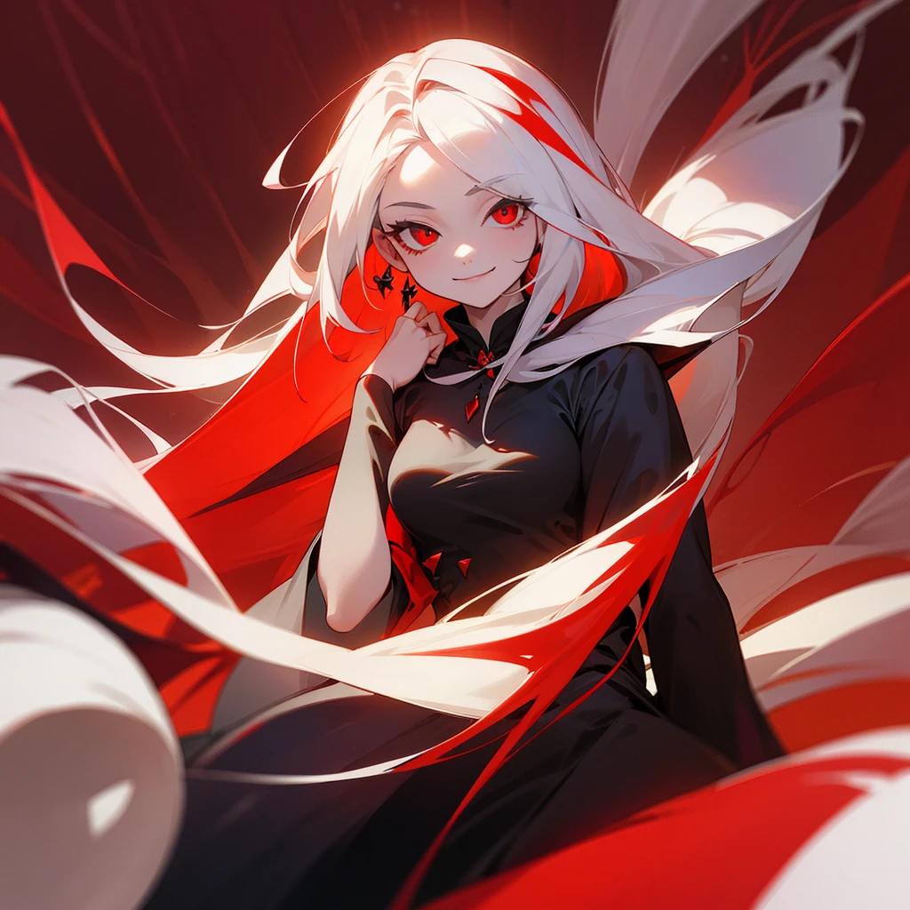 Masterpiece, best quality, height, 1 girl, alone, vampire, white hair, long hair, I'm open., conjunctivitis, An evil smile., Girl vampires with red hair, Red and black dress, Awesome backgrounds