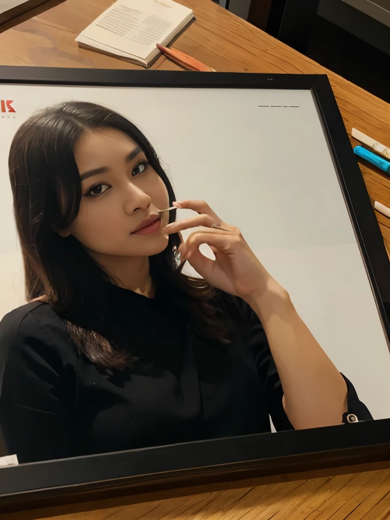 a large photo frame on an Indonesian work desk, a mess of colored pencils, a glass of black coffee and a cigarette,
REALISM