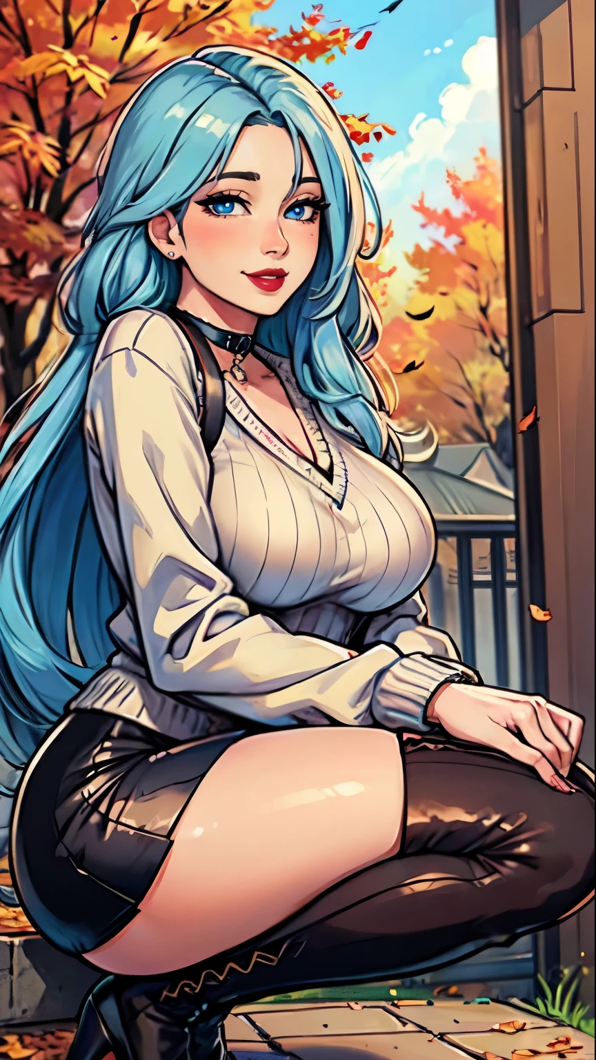 Masterpiece, raw,  beautiful art, professional artist, 8k, art style by sciamano240, very detailed face, very detailed hair, 1 woman, perfectly drawn body, beautiful face, long hair, light blue hair , very detailed blue eyes , rosey cheeks, intricate details in eyes, playful smile, looking directly at viewer , in love with viewer expression, black chocker, lipstick, wearing cute fall clothes, jacket, sweater, short pencil skirt, thigh boots, crouched down, sunny day fall, 