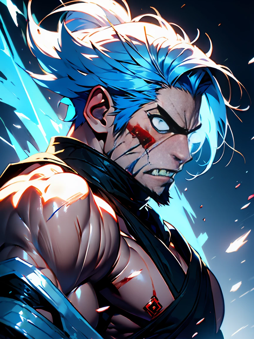  Anime, 25 year old male, pale skin, white hair, blue hair, icy hair, hair over eyes, crazy looking, unhinged fighter, dirty fighter, martial arts, brawler, aggressive, the characters is not wearing any armor on his chest, white hair, sai, ninja, wild, blue and black robe colors, arms muscular, no sleeves, fit, ripped, skinny, malnourished, scar on face, icy, icy breath, crazy smile, crazy eyes, thinner build, skinny but toned muscle, ready to fight, preparing to attack, standing in a battlefield, grin, arm muscles showing, thin face, slim malnourished face, crazy look in eyes, bloodlust, icy breath, Holding a sai made out of ice, holding a weapon made from ice, holding an ice weapon, icy breath, longer than average icy white and blue hair, Cold hands, skinny face ice user, ice magic, ice weapon, open in hand, weapon in right hand, sai in hand, ninja weaponry in hand, ice weapon, ice magic, skinny build, pupils showing, you can see his pupils, no facial hair, long hair, hair length down to waste line, bluish skin on hands, has a scar going down the left side of his face, has a prominent scar on the left side of his face, missing his left eye, missing his left eye to an injury, does not have left eye due to an injury,  scar on left side of face, character is missing his left eye to an injury, lost his left eye, Very skinny body type, skinny body, thinner body type, he has a thinner body built, thin arms, skinny body, He has a malnourished body type comma he is very skinny