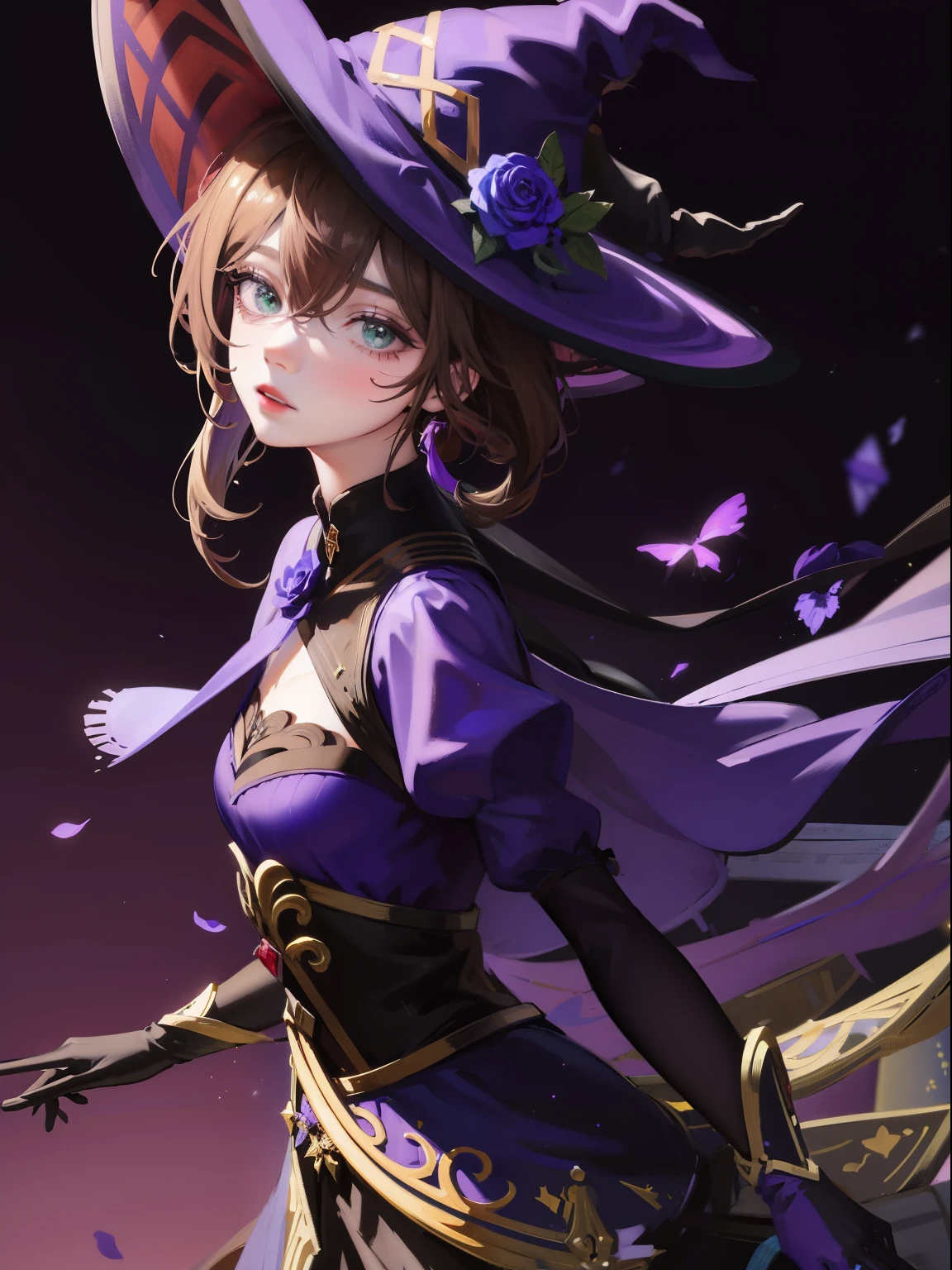 a beautiful girl, perfect face, Put your arms by your sides, masterpiece, ultra high resolution, high quality, 4K, Upper body:1.5,  lissa (Genshin Impact), urple witch hat, green eyes, brown hair, (pure face_v1:0.008), (European:1.6), Bangs, skirt, Rose, jewelry, witch, Capulet, Purple headwear, black gloves, purple flower, hair between eyes, purple Rose, open lips, purple Capulet, hatflower, multicolored skirt, hair accessories,  windmills, from the side,