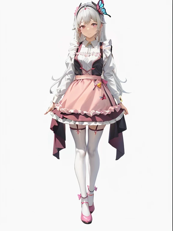 Anime girl wearing pink skirt,There is a butterfly on the head, Cute anime waifu wearing beautiful clothes, kushat krentz critical art women, maid outfit, anime full body illustration, guweiz on pixiv artstation, Popular topics on artstation pixiv, wearing clothes, guweiz, guweiz has wings on artstation pixiv
